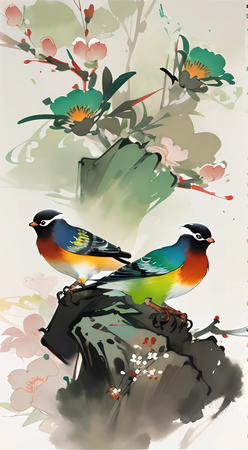 birds and flowers，[(White background:1.5)::5]，China-style，florals，flowers in full bloom，Flowers，green leaf，Colorful feathered birds，steins，rays of sunshine，an Chinese ink painting style，aquarelle，（light and shadow effect），（Movie lighting），（rendering by octane），（depth of fields），（Obvious layers），Beautiful and detailed pictures，（Masterpiece），（8k wallpaper），（Master painting）