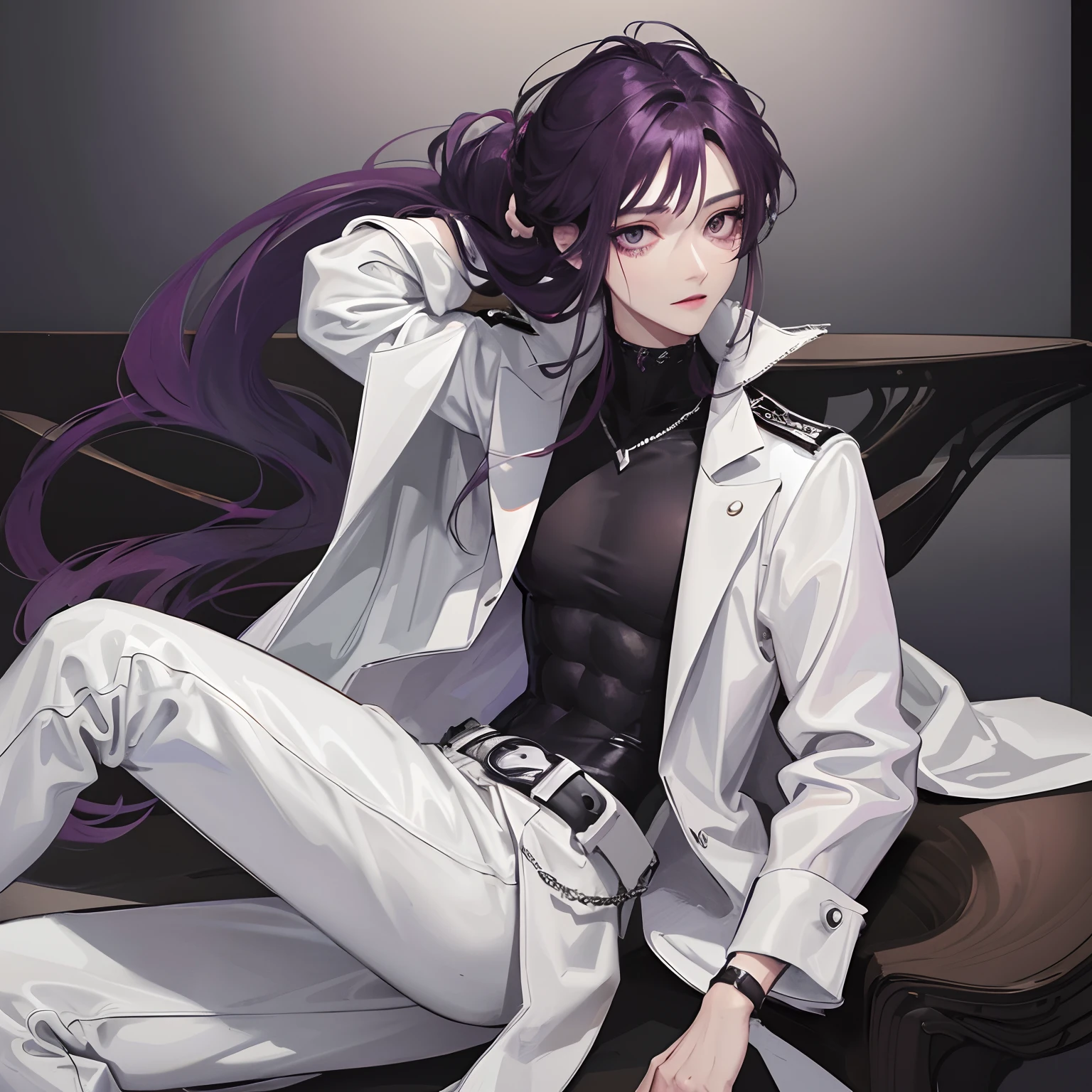young skinny guy, delicate facial features, long dark purple hair gathered in a low ponytail, a lot of silver jewelry, dark tight-fitting clothes, white coat, belts, dark faded look, tired face