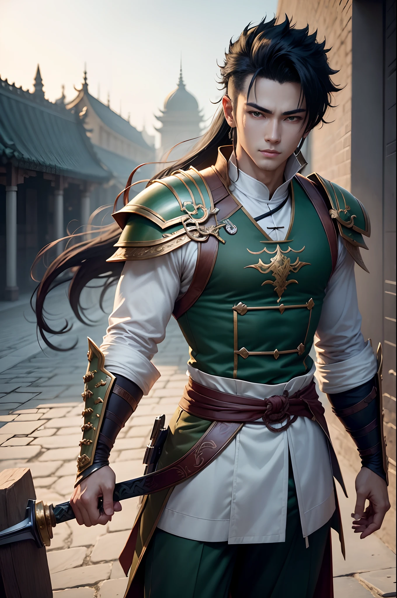 8K,Photorealsitic Raw photography top-quality;1.4) (1 Juvenile Attendant) super handsome boy (Lifelike face) Shonen Demon Slayer Black-haired mohawk Green and white exterior Green and white trousers Golden decoration Beautiful expression 超A high resolution A smile accurate detail real looking skin Equip a sword at the waist In sword and armor in a city setting by Jan J, Handsome Boy in Demon Slayer Art, G Liulian art style, chengwei pan on artstation, yangjun chen, Zhao Yun, Inspired by Zhang Senyao, by Leng Mei, by Victor Wang, xianxia hero, by Zhou Fang, by Yang Jin