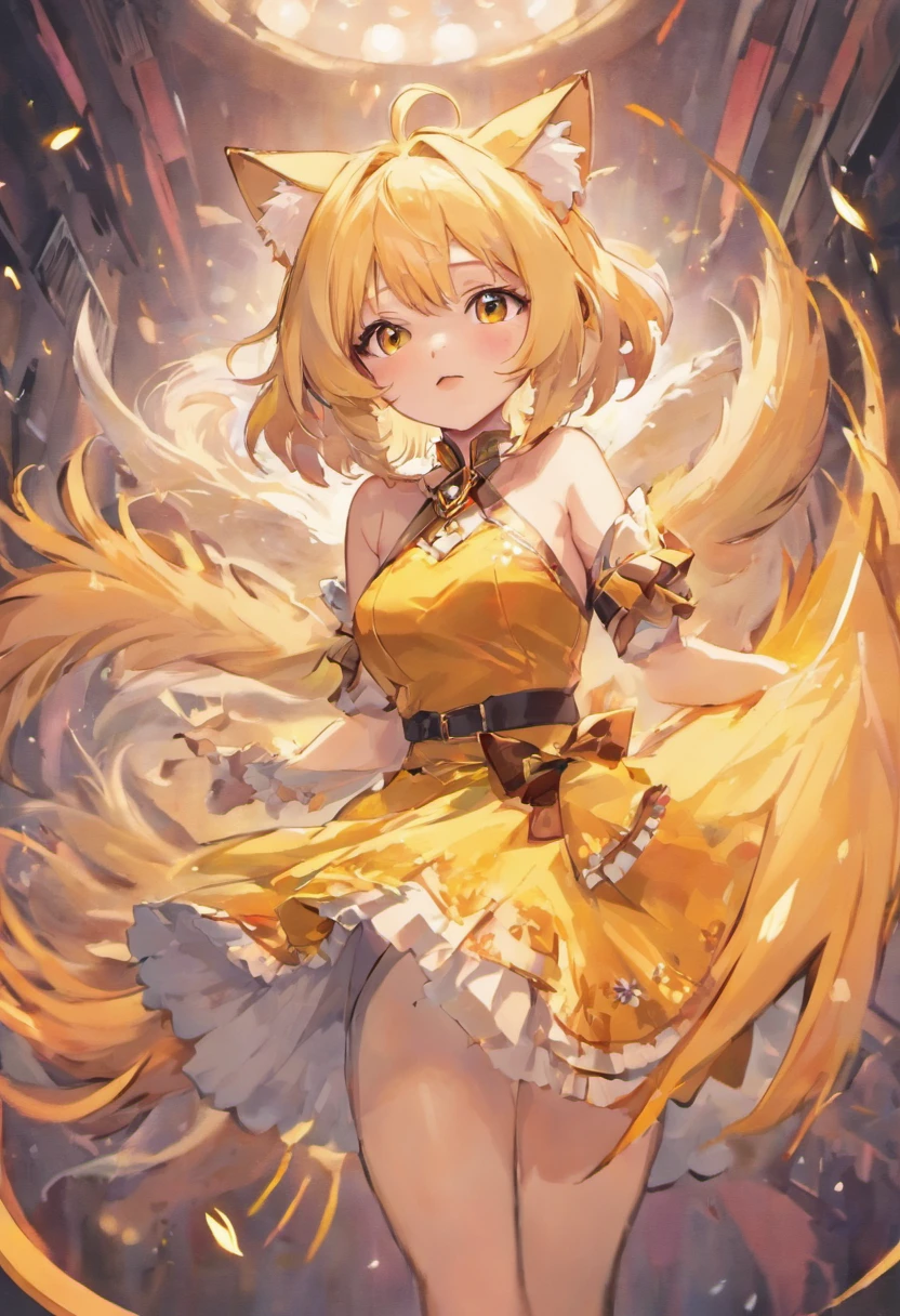 1girll, Animal ears, Blonde hair, Breasts, dress, Fox ears, Fox tail, Large breasts, view the viewer, Multiple tails, No hat, no headwear, Open mouth, Short hair, Sneer, Solo, tabard, Tail, White dress, Yellow eyes