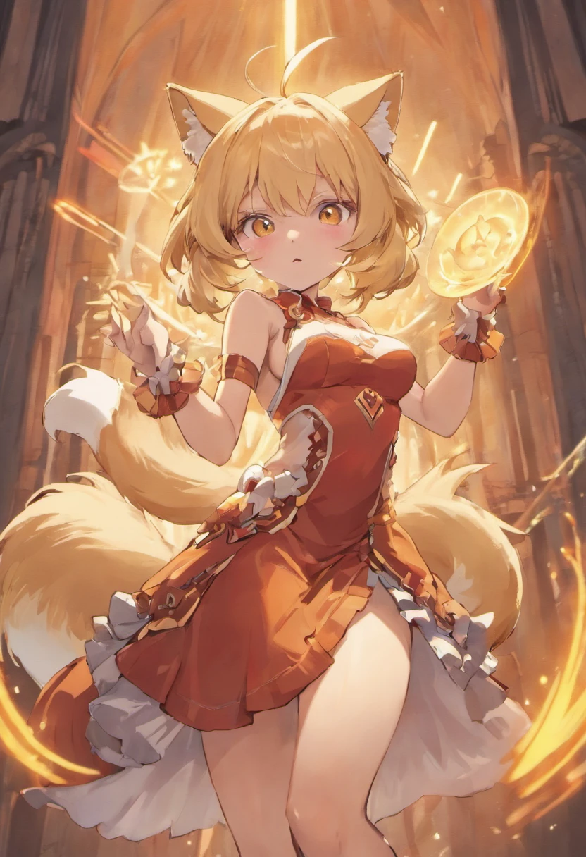 1girll, Animal ears, Blonde hair, Breasts, dress, Fox ears, Fox tail, Large breasts, view the viewer, Multiple tails, No hat, no headwear, Open mouth, Short hair, Sneer, Solo, tabard, Tail, White dress, Yellow eyes