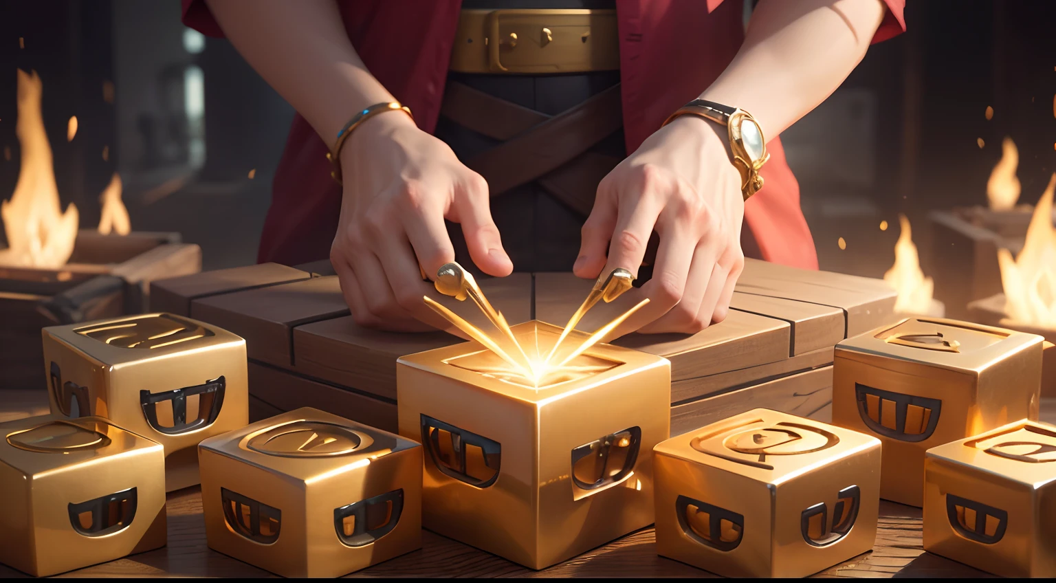 The realistic image of 7 chests being opened by 7 golden keys, realista, 8k