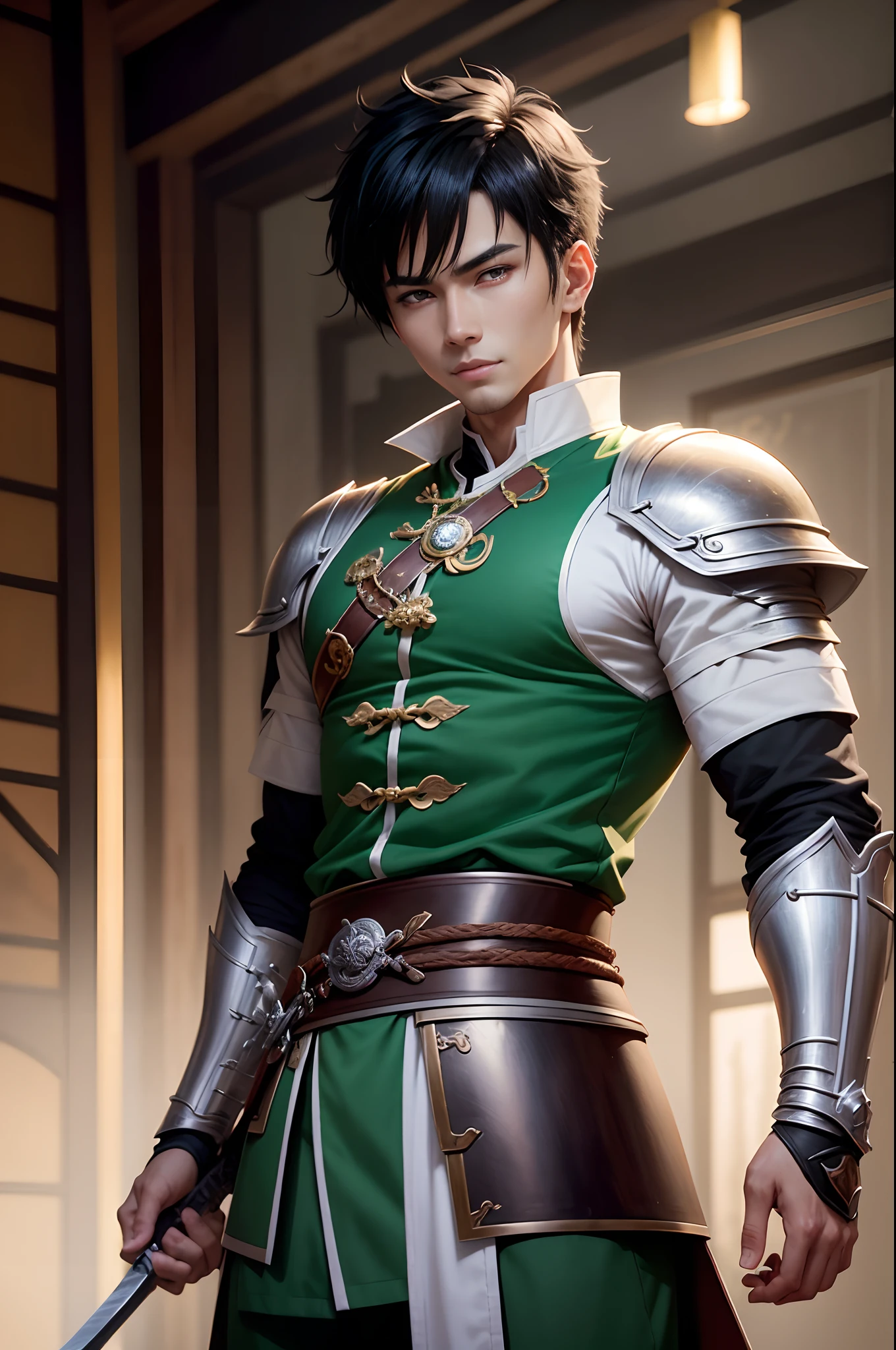 8K,Photorealsitic　Raw photography　top-quality;1.4) 　(1 Juvenile Attendant)　super handsome boy　(Lifelike face)　Shonen Demon Slayer　Black-haired mohawk　Green and white exterior　Green and white trousers　Golden decoration　Beautiful expression　超A high resolution　A smile　accurate detail　real looking skin　Equip a sword at the waist　In sword and armor in a city setting by Jan J, Handsome Boy in Demon Slayer Art, G Liulian art style, chengwei pan on artstation, yangjun chen, Zhao Yun, Inspired by Zhang Senyao, by Leng Mei, by Victor Wang, xianxia hero, by Zhou Fang, by Yang Jin