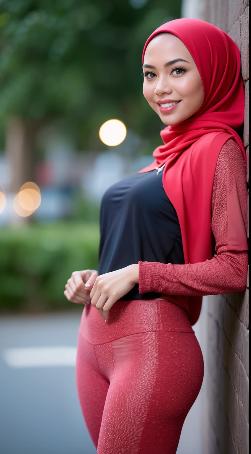 Malay girl in hijab wear big red oversized loose hoodie and high waist leggings in gym, seating, front view, detail skin, detail skin texture, mole below eyes, small breast, big hip, big waist, big thigh, slim abs, beautiful body, evening, laughing, happy, bright lighting, blur background, bokeh,