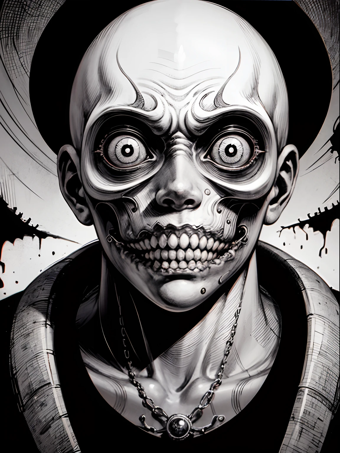 [(Junji Ito:1.5), detailed manga line art illustration of creepy girl, dark, black and white, scared, horrified, terrified, insane, creepy, unsettling, disturbing, (horror manga style), twisted, warped, psychological horror, grotesque, morbid, surreal]
