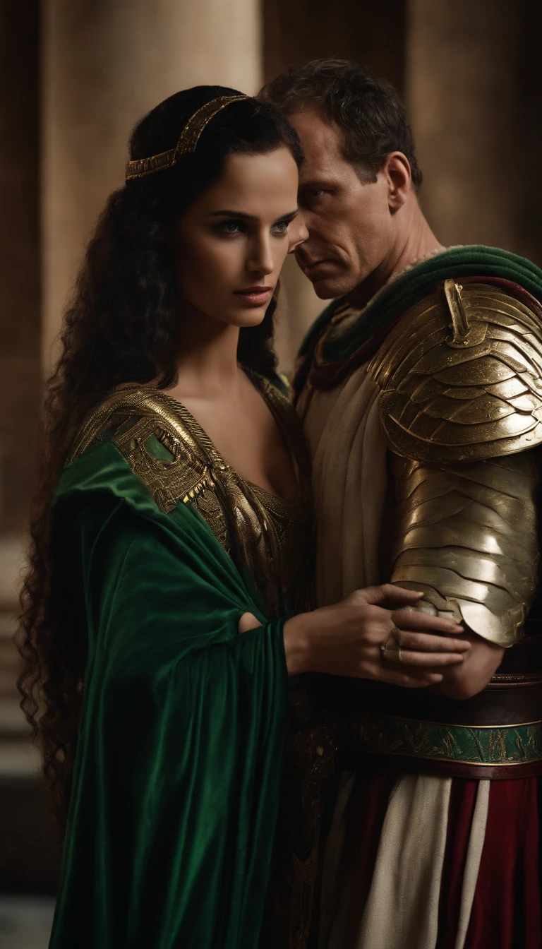 Generate an image that represents Cleopatra straight hair green eyes next to Julius Caesar in his realistic armor, in an image depicting the relationship and political alliance between them.