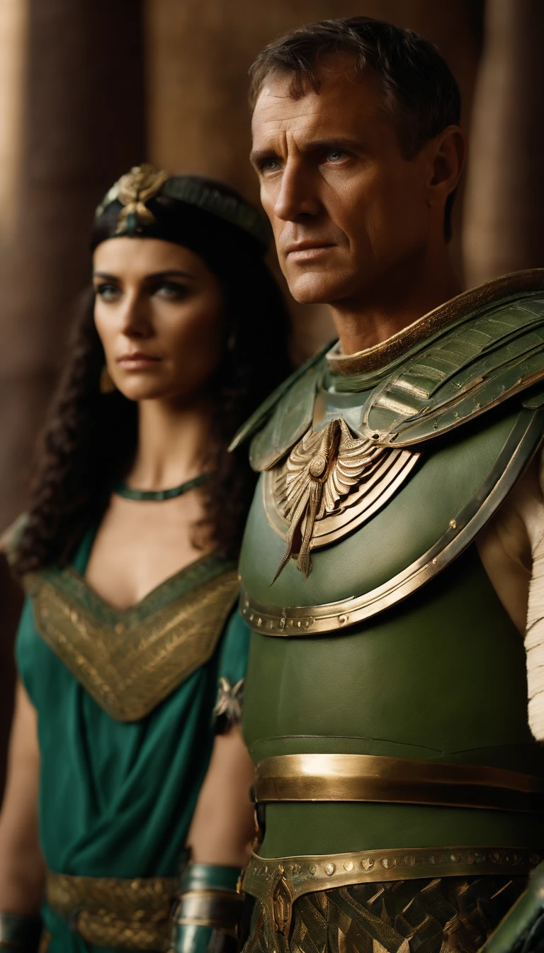 Generate an image that represents Cleopatra straight hair green eyes next to Julius Caesar in his realistic armor, in an image depicting the relationship and political alliance between them.