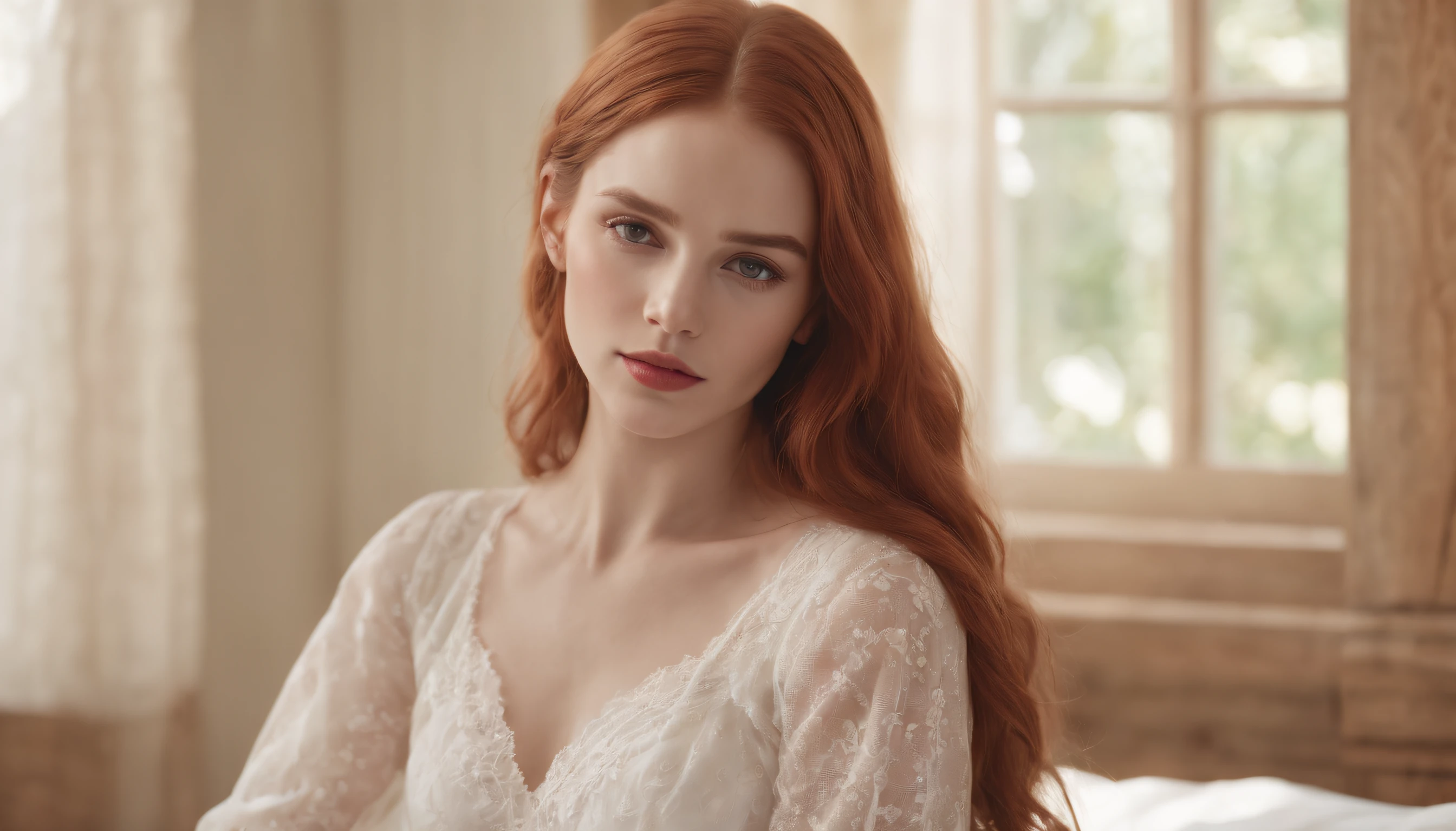 nordic young woman, cute face, seductive, best quality, masterpiece, translucent summer dress, golden hour, detailed textures, long braded hair, sitting on bed, posing, casual pose, wooden cottage, interior, [blush], aesthetic, intricate, caustics, light rays, sunlight, (((soft lips))), (((glossy lips))), highly detailed, (semi-realistic:1.2), niloudef, red hair