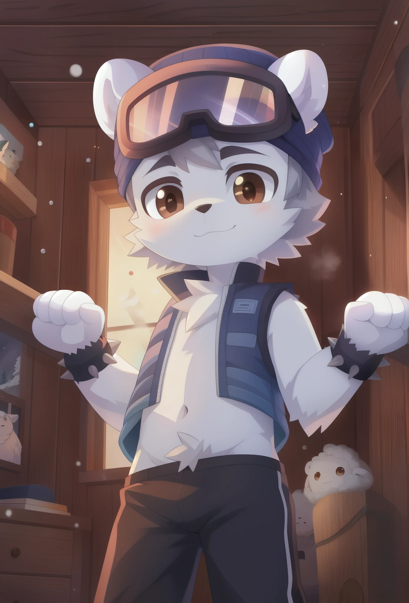 Furry shota, young, polar bear, grey hair, spiky hair, spiky short ponytail, detailed body fur, brown eyes, winter blue vest, open clothes, black trunks, wool cap, snow goggles, masterpiece, looking at you, white body fur, detailed face, big eyebrows, detailed eyes, detailed body, inside cabin, detailed hands, flat body, glistering body, shiny body, skinny, spectacular effects, sassy face, :3, paws whit three toes, full body, short boy, gangbang, bukkake,