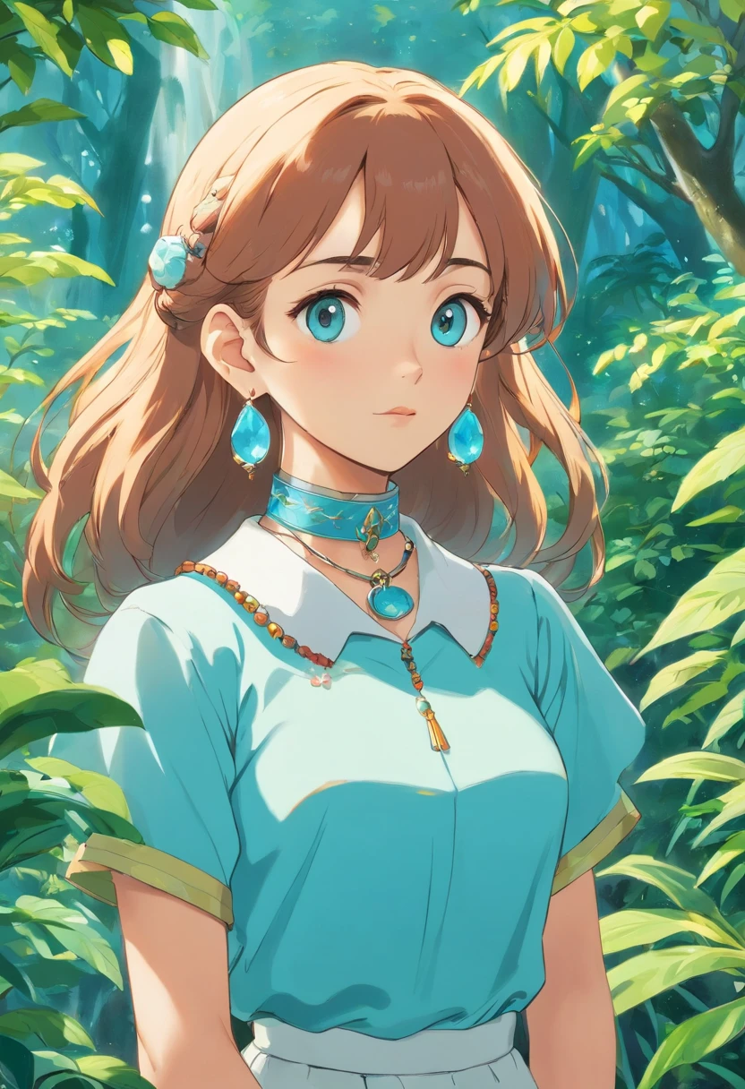 a girl wearing an anime collar, a long necklace and earrings, in the style of tranquil gardenscapes, colorful animation stills, masami teraoka, aquamarine, paul gauguin, Embry style, honest portrayal