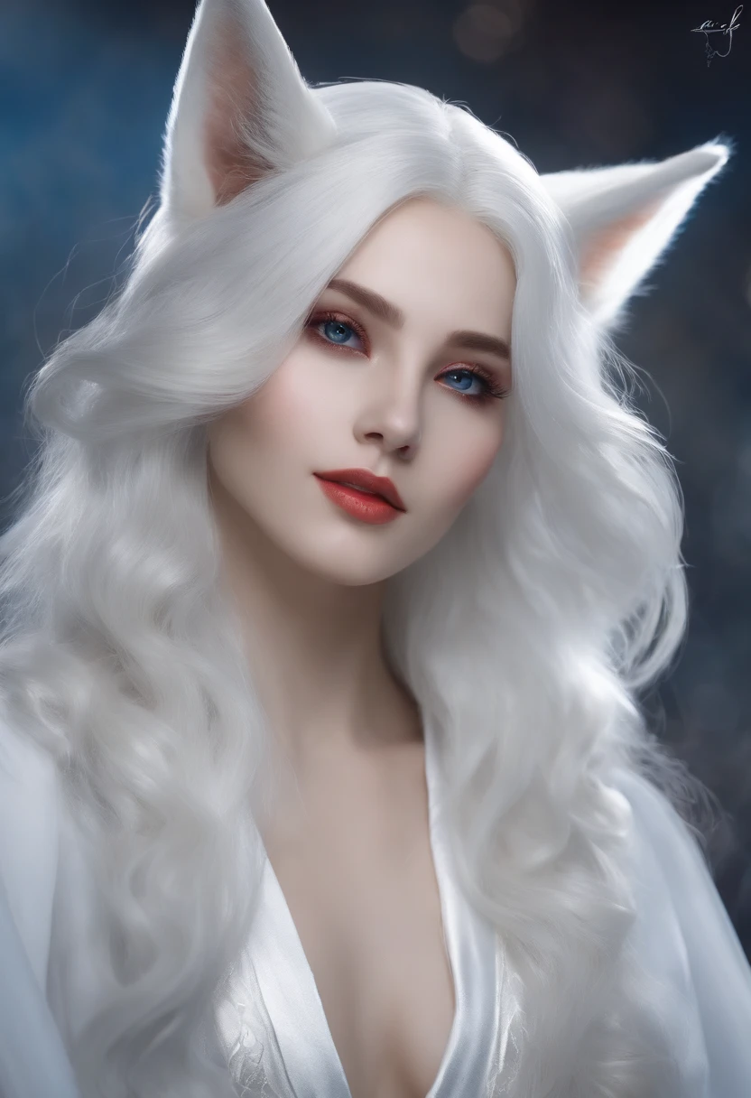 long white hair,blueneyes,Fox ears,White robe,