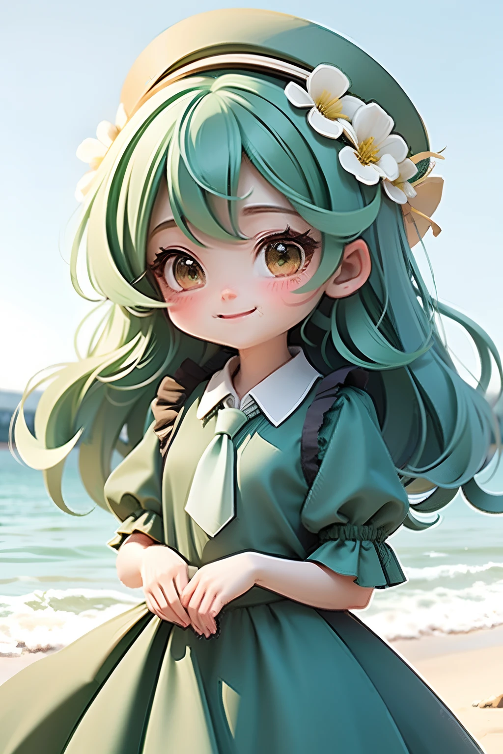 lolli girl in princess long dark green emerald dress with flower style, dark green hair, cute smile , cap, cute ribbons, necktie, beach summer