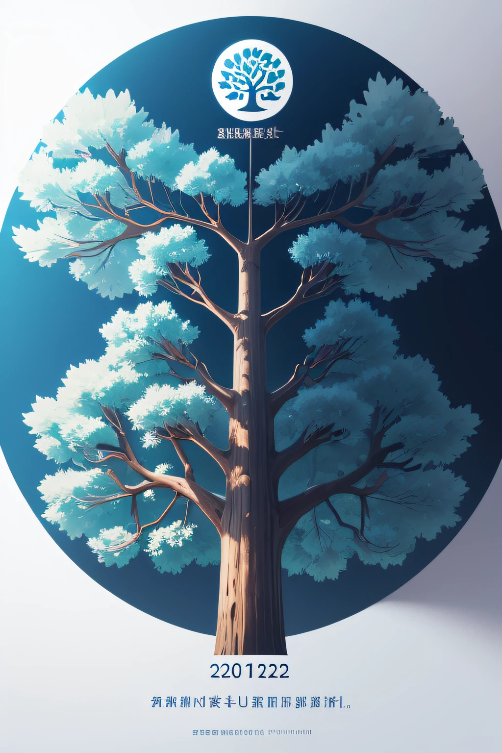 I want a class emblem that represents our class。The theme is unity and growth,It symbolizes the team spirit of our class and the goal of mutual progress。 The class emblem should be round,The diameter is about 10 cm。There should be a pattern in the center of the class emblem,It can be a tree or a symbol of growth and hope。This pattern should have a simple and modern style。 Around the tree,I want text with class names。The name of the class is 'Blue Sky Class',Use white fonts,The font style should be legible。 Make sure that both the tree pattern and the class name are centered on the class emblem,And clearly visible。if possible,Add a small flag at the bottom of the tree,It says '2023',to indicate our graduation year。