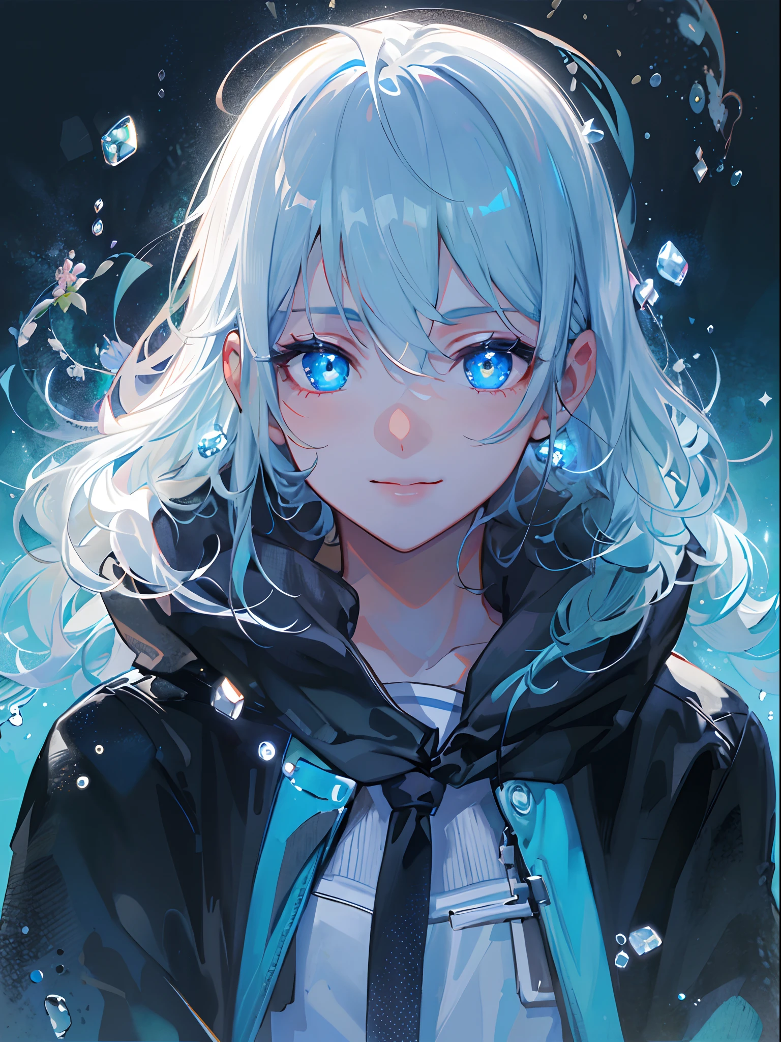 ((top-quality)), ((​masterpiece)), ((ultra-detailliert)), (extremely delicate and beautiful), girl with, 独奏, cold attitude,((Black jacket)),She is very(relax)with the(Settled down)Looks,A dark-haired, depth of fields,evil smile,Bubble, under the water, Air bubble,bright light blue eyes,Inner color with light white hair and and light blue tips,Cold background,Bob Hair - Linear Art, shortpants、knee high socks、White uniform like school uniform、Light blue ribbon ties、Clothes are sheer、Hands in pockets、Bright eyes like sapphires,flourescent blue, There was a little blue light floating around、Upper eyes、foodie