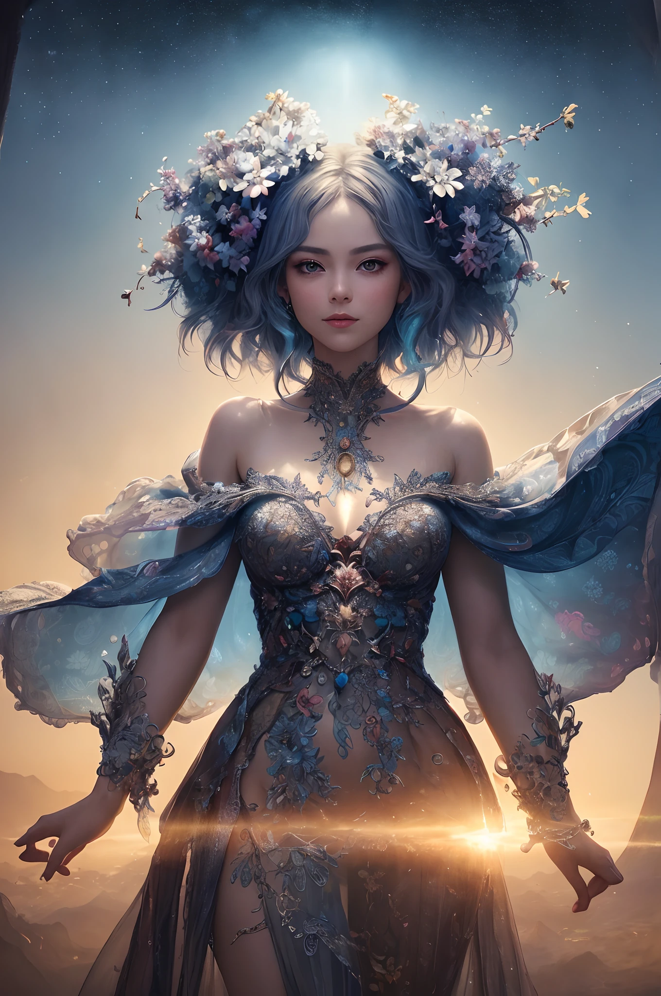 (((masterpiece))), (((best quality))), ((ultra-detailed)), (hyperrealistic), (highly detailed CG illustration), ((an extremely delicate and beautiful)),cinematic light, Create a stunning anime artwork that is currently trending on ArtStation, showcasing exquisite beauty and captivating aesthetics. The art piece should be highly detailed, featuring a compelling character and a visually appealing environment. The character in the artwork is a graceful and enchanting figure, radiating an aura of elegance. Pay close attention to intricate facial features, such as mesmerizing eyes with vibrant colors and delicate shading. The character's clothing should be designed with elaborate patterns, flowing fabrics, and rich textures, reflecting a blend of fantasy and contemporary fashion. Place the character in a captivating environment that enhances the overall appeal of the artwork. It could be a breathtaking natural landscape, a bustling futuristic cityscape, or a mystical realm filled with magical elements. Incorporate vibrant colors, dynamic lighting, and detailed background elements to create a sense of depth and immersion. Consider the latest trends in anime art, such as incorporating unique lighting effects, exploring creative composition techniques, or experimenting with unconventional color palettes. Take inspiration from the top artists on ArtStation and their exceptional execution of various art styles and themes. Camera: Choose an angle that highlights the character's beauty and the immersive environment. Lighting: Utilize atmospheric lighting techniques to create depth and mood. Resolution: Aim for a high-resolution artwork to showcase intricate details and clarity. Art Inspirations: Seek inspiration from the trending artists on ArtStation, exploring different styles, genres, and themes.