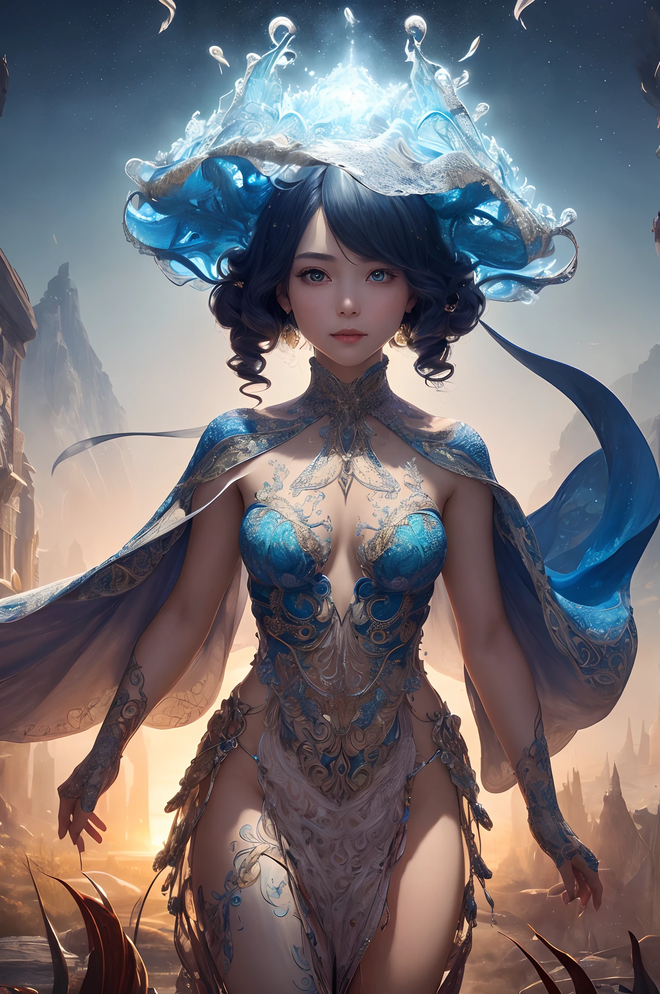 (((masterpiece))), (((best quality))), ((ultra-detailed)), (hyperrealistic), (highly detailed CG illustration), ((an extremely delicate and beautiful)),cinematic light, Create a stunning anime artwork that is currently trending on ArtStation, showcasing exquisite beauty and captivating aesthetics. The art piece should be highly detailed, featuring a compelling character and a visually appealing environment. The character in the artwork is a graceful and enchanting figure, radiating an aura of elegance. Pay close attention to intricate facial features, such as mesmerizing eyes with vibrant colors and delicate shading. The character's clothing should be designed with elaborate patterns, flowing fabrics, and rich textures, reflecting a blend of fantasy and contemporary fashion. Place the character in a captivating environment that enhances the overall appeal of the artwork. It could be a breathtaking natural landscape, a bustling futuristic cityscape, or a mystical realm filled with magical elements. Incorporate vibrant colors, dynamic lighting, and detailed background elements to create a sense of depth and immersion. Consider the latest trends in anime art, such as incorporating unique lighting effects, exploring creative composition techniques, or experimenting with unconventional color palettes. Take inspiration from the top artists on ArtStation and their exceptional execution of various art styles and themes. Camera: Choose an angle that highlights the character's beauty and the immersive environment. Lighting: Utilize atmospheric lighting techniques to create depth and mood. Resolution: Aim for a high-resolution artwork to showcase intricate details and clarity. Art Inspirations: Seek inspiration from the trending artists on ArtStation, exploring different styles, genres, and themes.