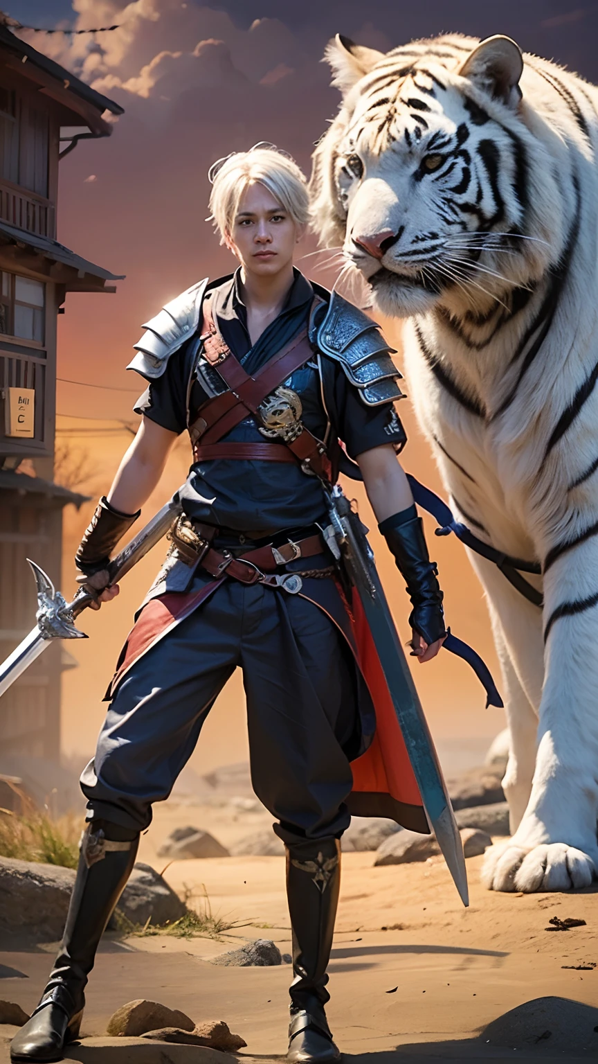 Boy with white hair hold sword on hands, with light armor standing with a white tiger side