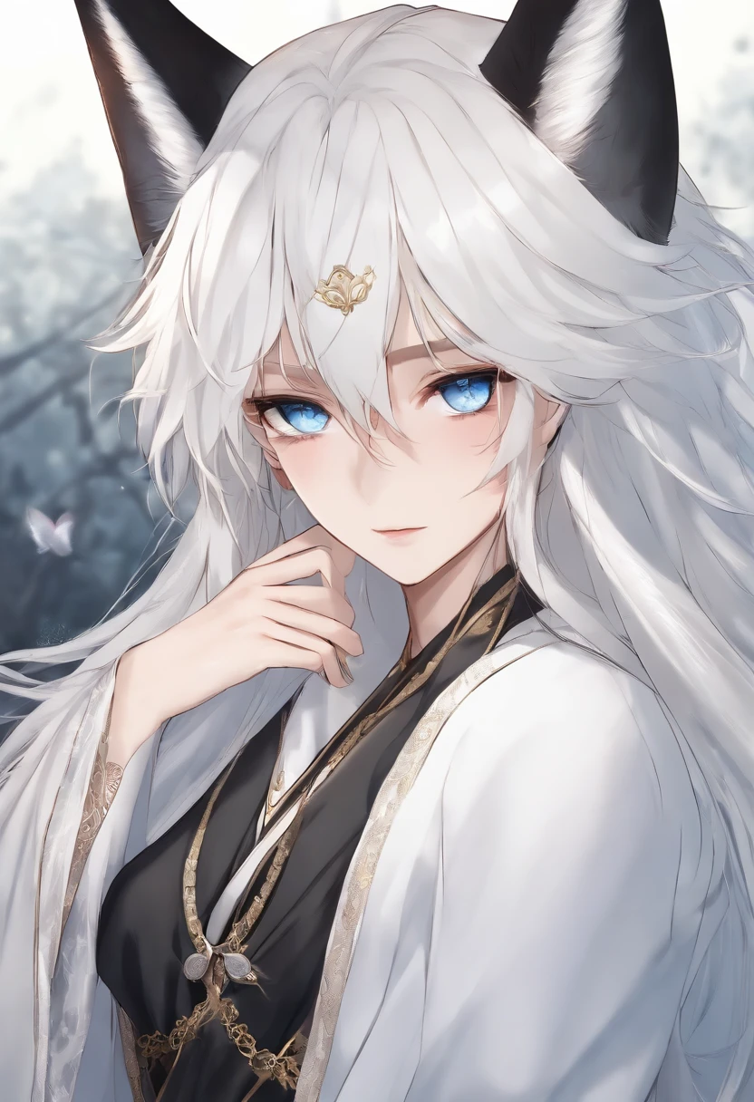 long white hair,blueneyes,Fox ears,White robe,boy