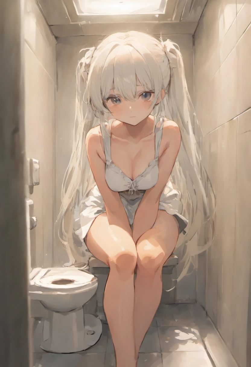 Long hair miniskirt girl，siting on a toilet，White hands covering his stomach，Keep your legs closed，Panties hang from the calf，Diarrhea in girls，Facial pain frowns，Pull loose feces