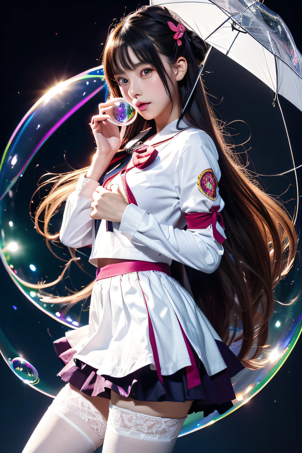 (masutepiece), (Best Quality), (Official art, the Extremely Detailed CG Unity 8K Wallpapers), (Highly detailed), ((absurderes)), 1 girl at 25 years old, mid-shot, (Exquisite facial features),(serafuku:1.3) ,((Clear hands)), ((white thighhighs without shoes)),aqua eyes, colored contact lenses, Stars in the eyes, (((colorful bubble))), Colorful Glass, (album covers)