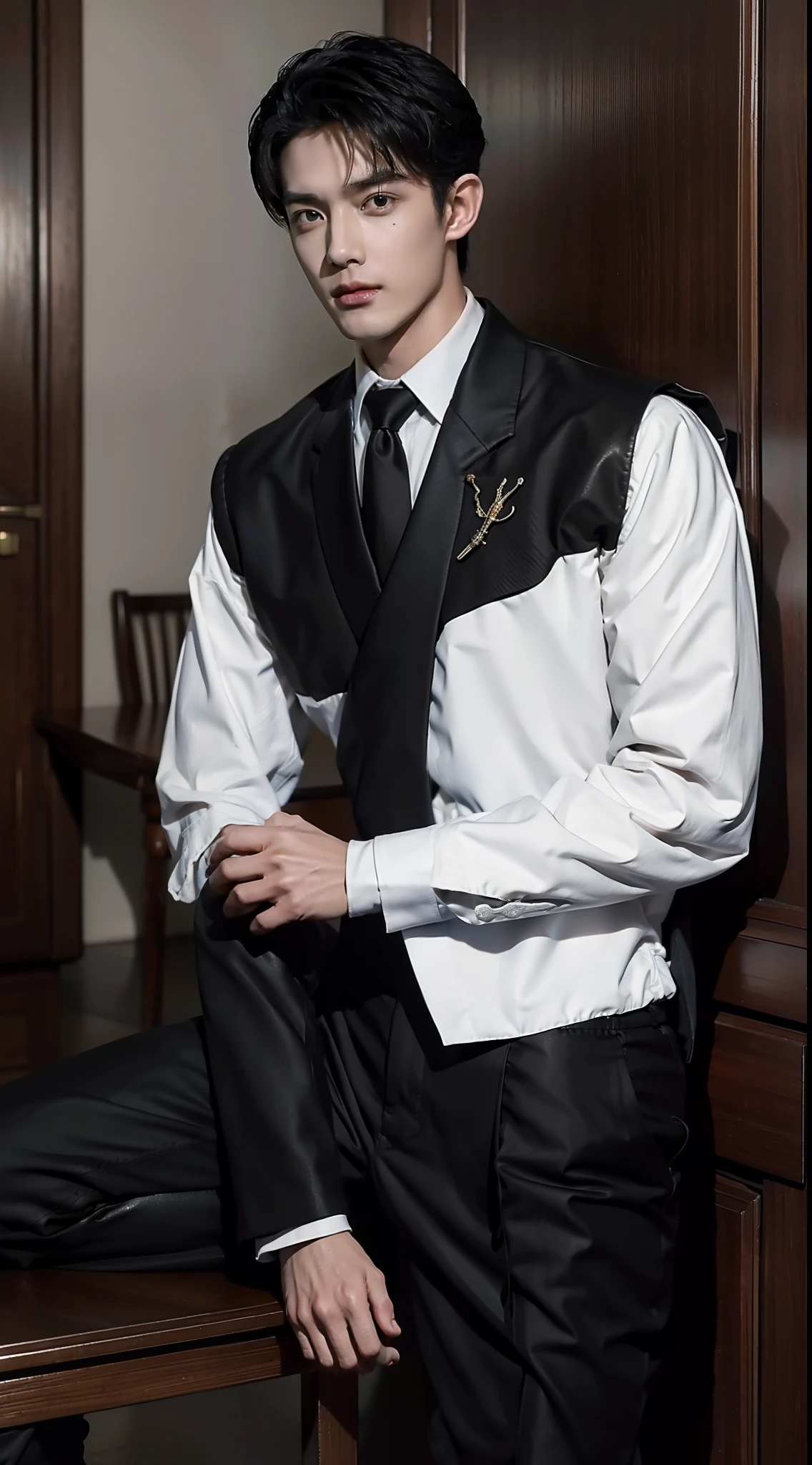 1boys,short detailed hair,white long sleeve shirt,black necktie,Wear formal attire,Lower black suit pants,Wear handmade Italian custom leather shoes,A state of relaxation and laziness,Overbearing president,best qualtiy,(Realiy,Foto realism:1.4),tmasterpiece, Extremely Delicately Beautiful,extremely higly detailed,2k wallpaper,astounding,finedetail,extremely detaild的 CG unified 8k wallpapers,Super meticulous,A high resolution,Tough boy,Handsome looks,Wu Yanzu's handsome appearance,extremely detailed eyes ancface,Beautiful detailed nose,Handsome and delicate eyes ,in a office,A black table,Clear light