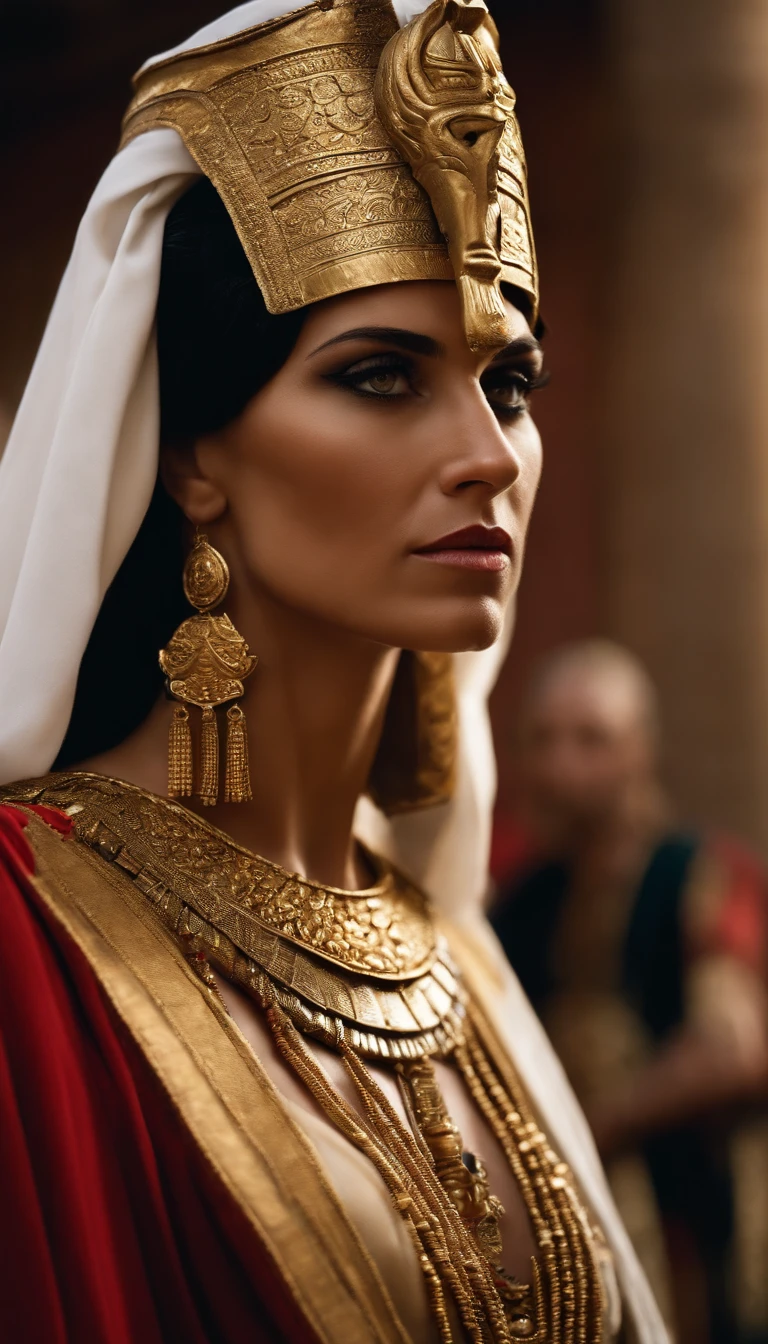 Generar una imagen que represente a Cleopatra pelo lacio ojos verdes vestida de blanco con mucho oro, next to Julius Caesar in his realistic armor dressed in red and gold, in an image depicting the relationship and political alliance between them.