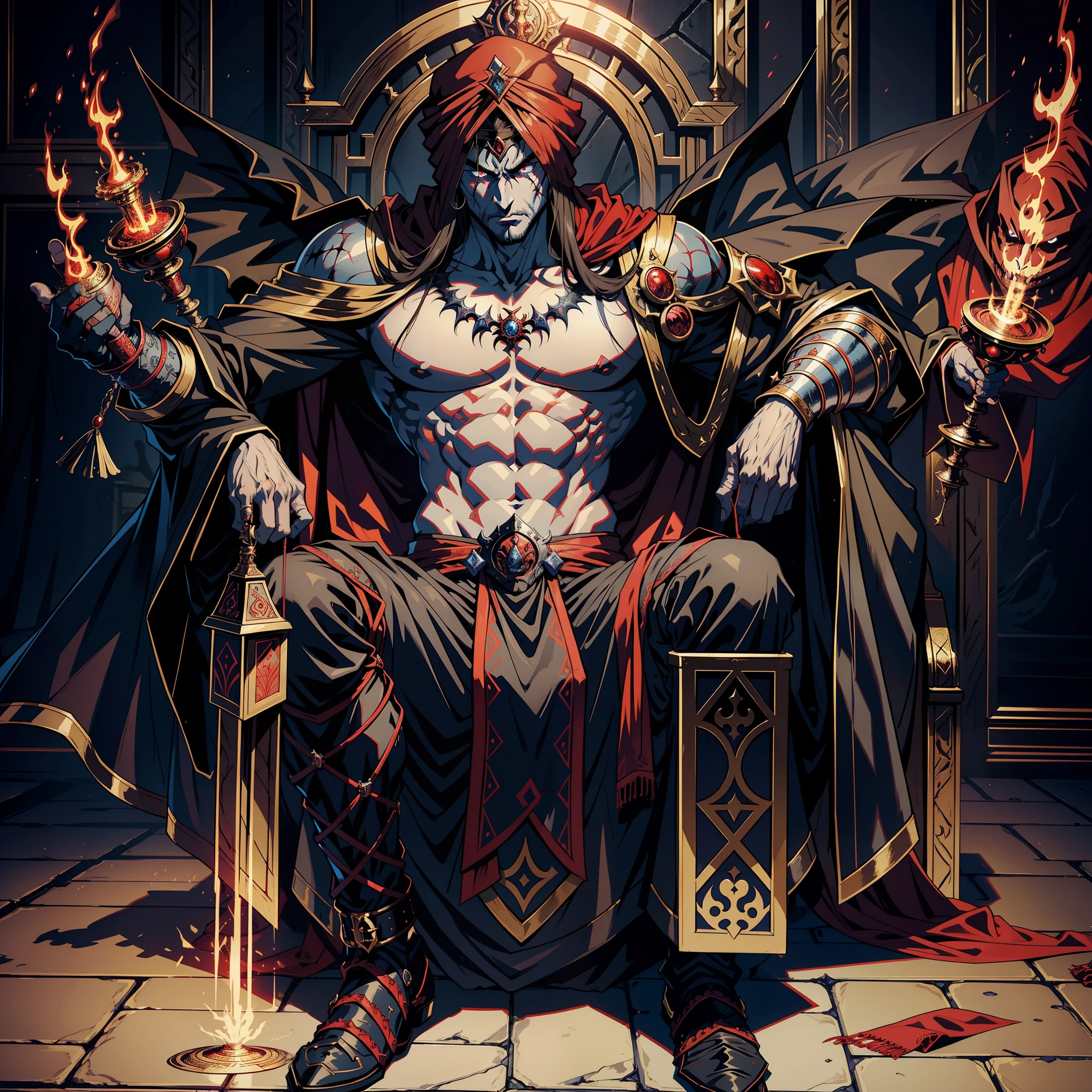 Castlevania Hyper Realistic Shadow Lord Super Detailed Dynamic Plan Master Piece of Lord Dracula Medieval Arab Warrior with Red Turban Scary Face Hokuto No Ken Structure Muscular Face Kenshiro Sitting in His Great Legendary Moroccan Throne Surrounded by Demons and Scary 3 Demons Talking Ancient Scrolls Cinematic Scenes Epic Movie Movie Hyper Realistic Movie Legendary Movie Epic Movie Epic Movie