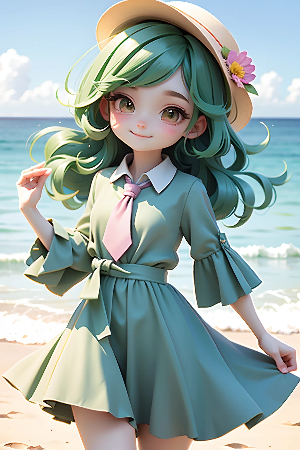 lolli girl in princess long dark green emerald dress with flower style, dark green hair, cute smile , cap, cute ribbons, necktie, beach summer