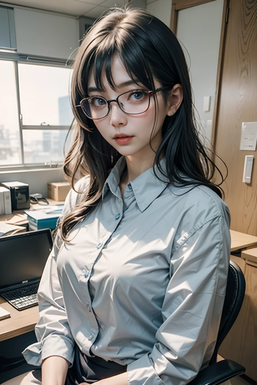 A Japanese Lady,Woman in her 30s,Thin face,Thin eyebrows,Grown-up,eye glasses,Longhaire,Office Lady,Blue shirt,校服,Slender eyes,thin nose,glare at viewer,scornful,Cold