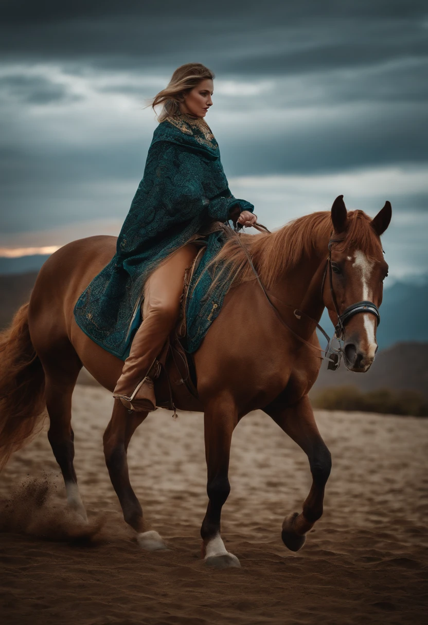 A masked woman riding a horse.