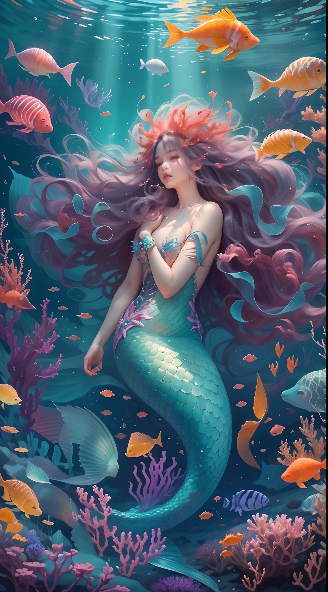 Best quality,A high resolution,Masterpiece:1.2,Vast seabed,(depth of fields),A mermaid,long and flowing hair,Ethereal beauty,peacful,tropical fishes,Floating jellyfish,Colorful coral reefs,Diverse marine life。Vibrant colors,dreamlike lighting.