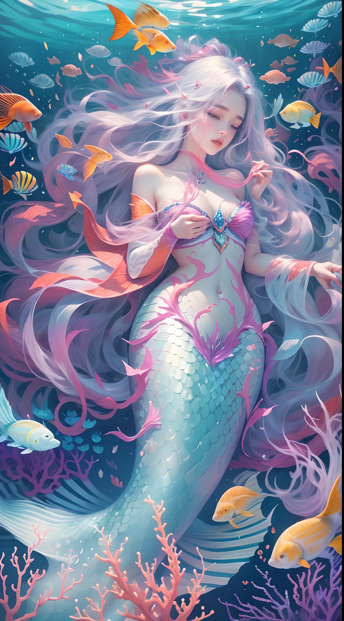 Vast seabed,(depth of fields),A mermaid,long and flowing hair,Ethereal beauty,peacful,tropical fishes,Floating jellyfish,Colorful coral reefs,Diverse marine life。Vibrant colors,dreamlike lighting.Best quality,A high resolution,Masterpiece:1.2.