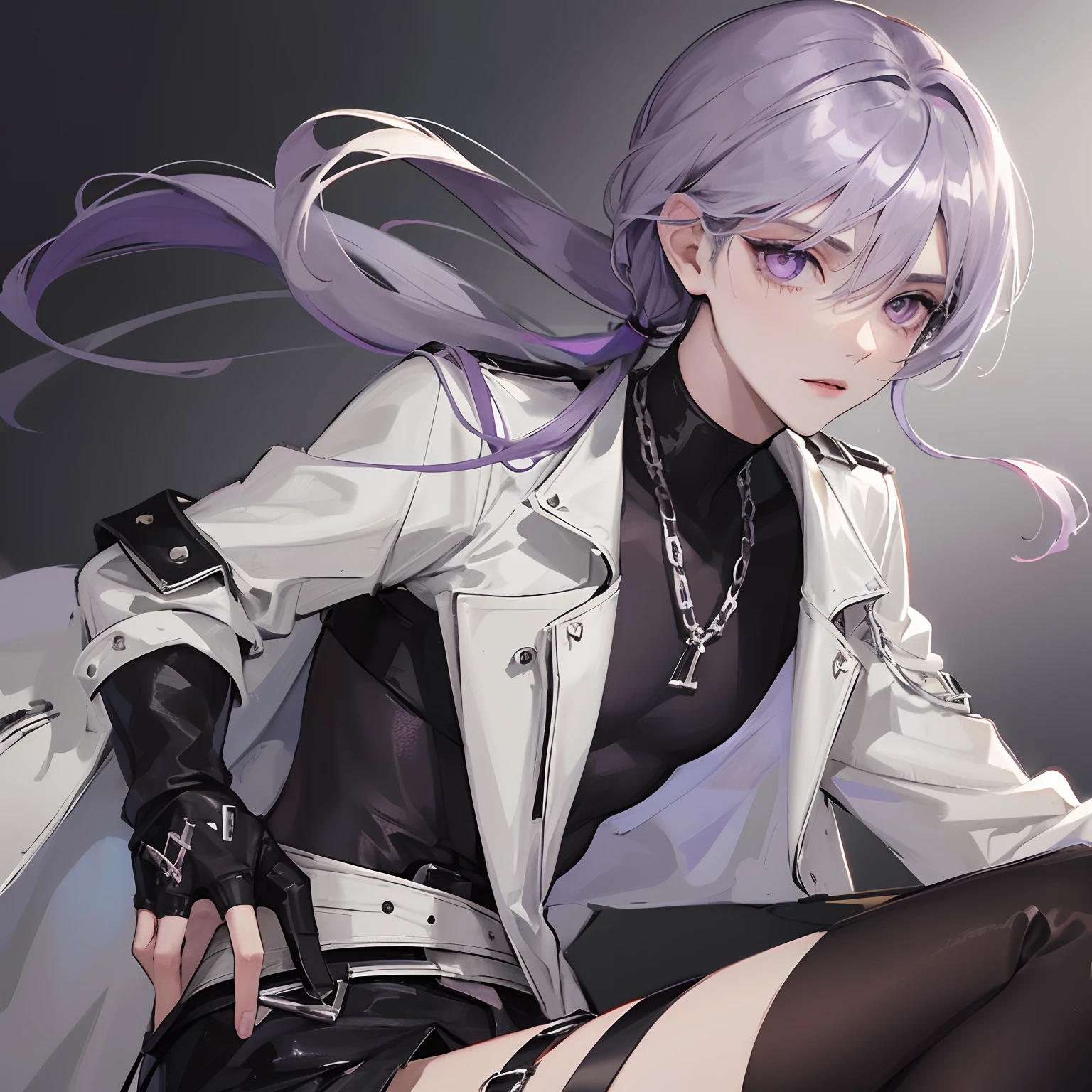 young skinny guy, delicate facial features, long dark purple hair gathered in a low ponytail, a lot of silver jewelry, dark tight-fitting clothes, white coat, belts, dark faded look, tired face