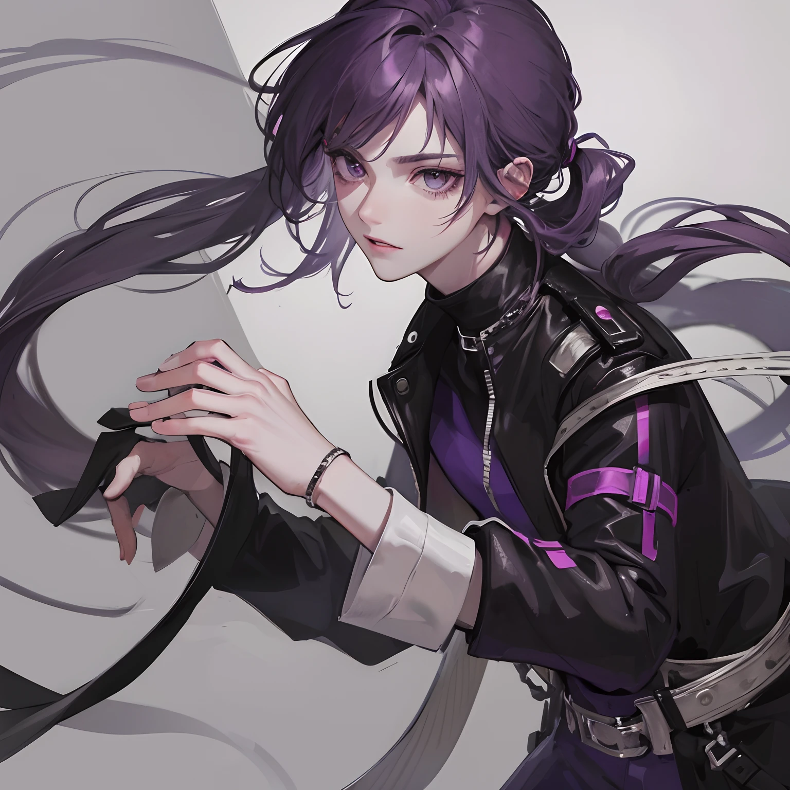 young skinny guy, delicate facial features, long dark purple hair gathered in a low ponytail, a lot of silver jewelry, dark tight-fitting clothes, white coat, belts, dark faded look, tired face