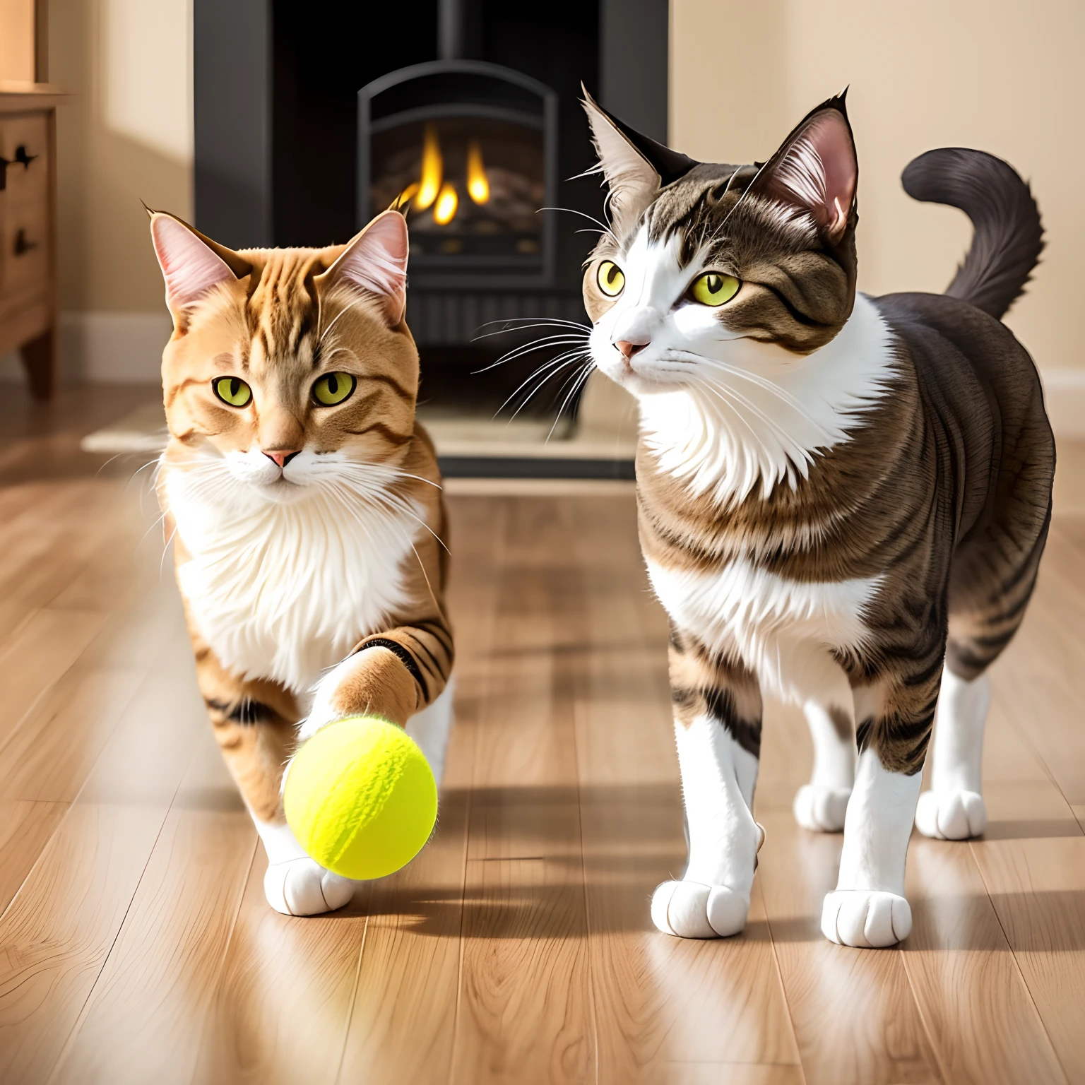 Cat and dog mixing: Playful cat chasing tennis ball, Wagging the dog's tail, Curious cat ears, Fluffy dog fur, Naughty cat eyes, Friendly dog nose, Cat and dog friendship, indoor setting, Vibrant colors, Realistic fur textures, High resolution and fine detail, Soft lighting, The joy of pet owners, Fun atmosphere, Furry companion, cozy home. [Cat-like eyes], [Dog wagging its tail], (Vivid colors), (High resolution), (Soft lighting), (Realistic fur textures)