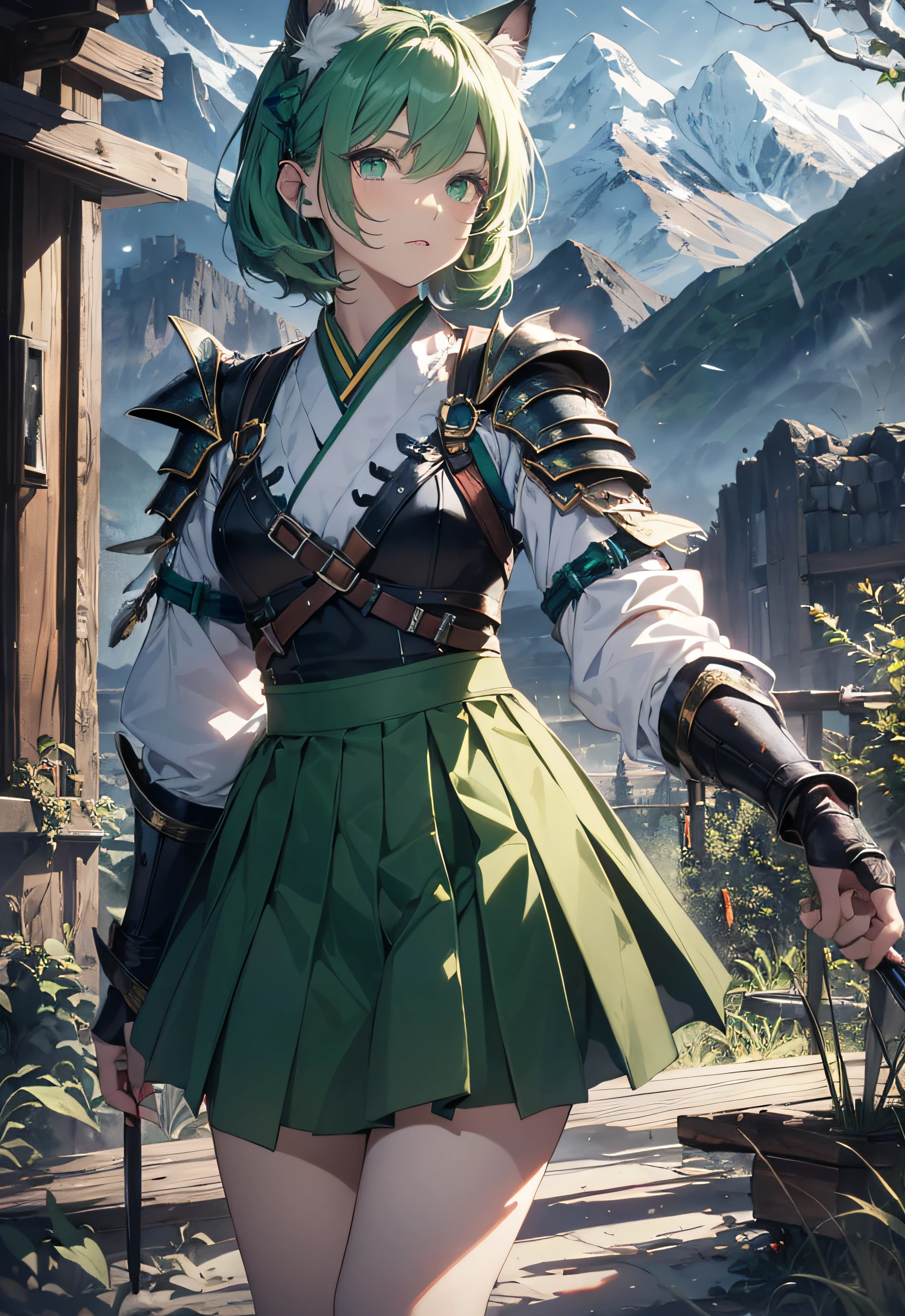 Beautiful detailed girl, Clear and beautiful, Character as the main point of view, radiant skin, girls, femele, young, 20yo, bobbed hair, Short Cut, short-hair, Beautiful detail glass hair, ((European-style green battle armor))Beautiful details, cold face, cold expression, beautiful-detailed eyes, green pupil, Moderate chest, Green Eyes, Full-fledged skin texture, Very good 8KCG wallpapers, very fine 8K CG wallpaper, watercolor (medium), female warrior, green hair, (((Full-body cut))), Cat's ears, Long knives, ((Traditional green hanbok)), Short skirt length, The skirt side part length is long, Skirt side pattern, Skirt back slit, Short on the back of the skirt, Long knives, Traditional sword, Wielding, Attacking Posture, Levitation, (((s whole body))), Show your whole body, (((dark, Dark Night, Deep Night))) (((Natural Background, mountains, wood))), ((plein air))