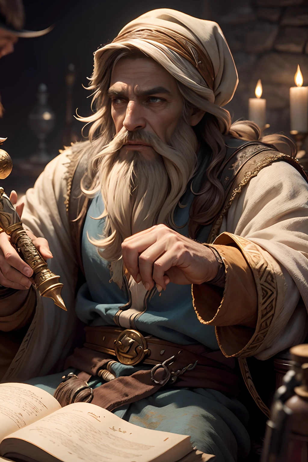 Arabian fairy tale from the 1100s, 1001 nights, Various fairy-tale beggar scientists in old tattered clothes and hats with beards and shaggy hair, Full-length close-up portrait in Disney Pixar style Super realistic cinematic film, many details, Blurred fantasy background, Light haze