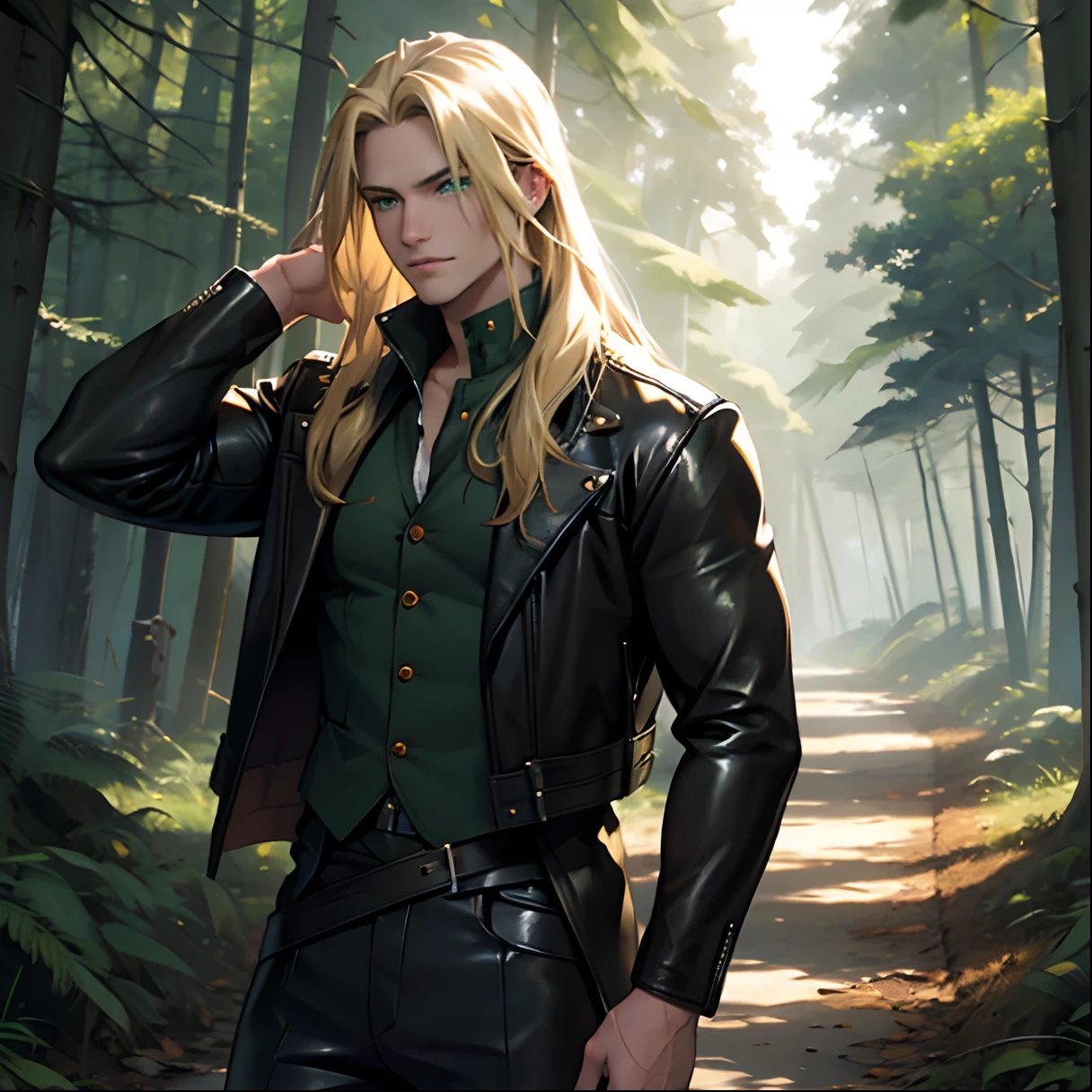 Long blond Hair. Man. Green Eyes. In the Forest. Poor Leather Clothes