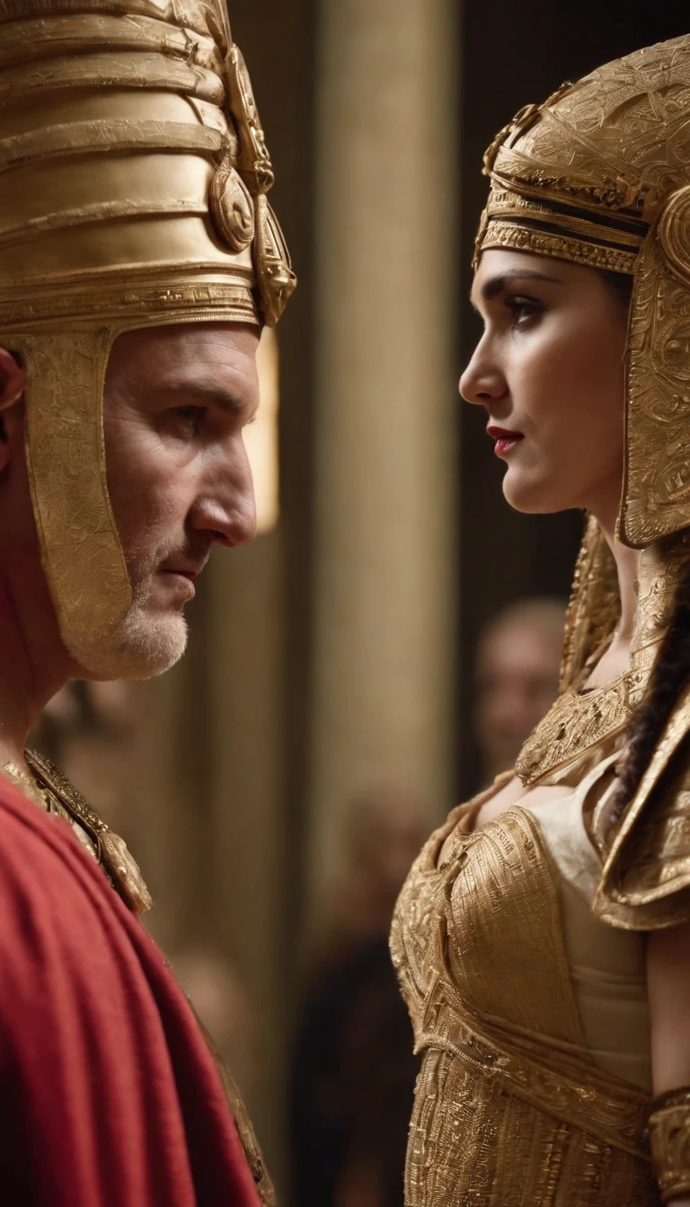 Mulher em um vestido branco e um homem em um traje de cavaleiro, vestidos com roupas romanas, vestido com armadura romana, inspirado em Caesar van Everdingen, cinematic goddess shot, unreal engine render + uma deusa, Deusa Romana, Criado em Unreal Engine 5, inspirado em Roman Bezpalkiv, Estilo romano antigo, Directed by: John La Gatta