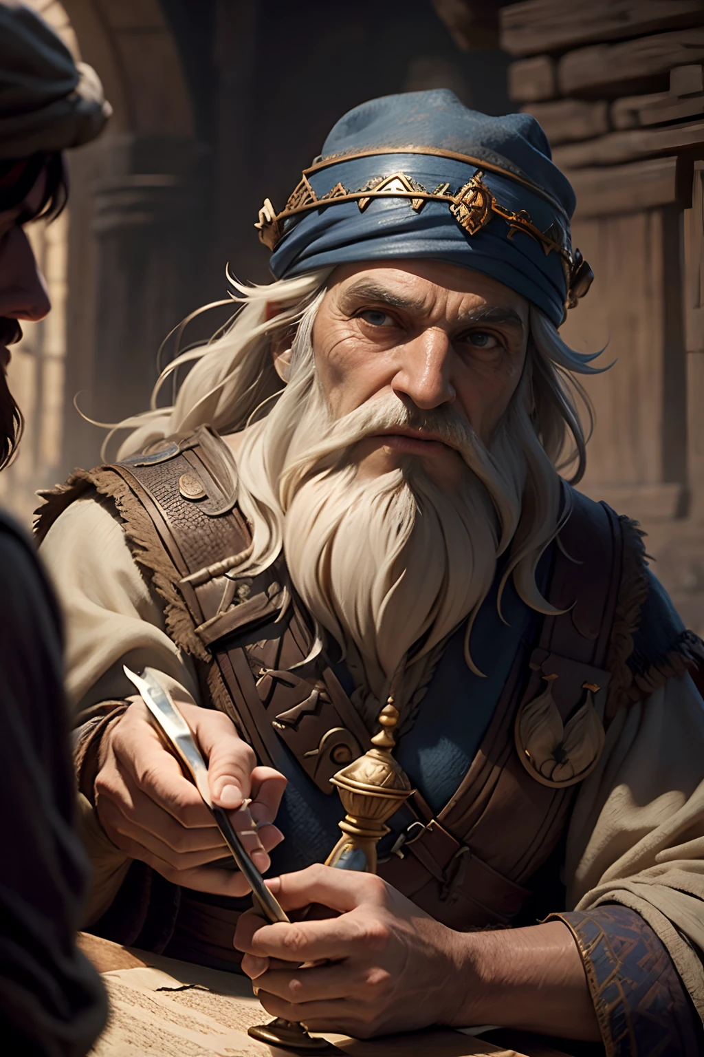 Arabian fairy tale from the 1100s, 1001 nights, Various fairy-tale beggar scientists in old tattered clothes and hats with beards and shaggy hair, Full-length close-up portrait in Disney Pixar style Super realistic cinematic film, many details, Blurred fantasy background, Light haze