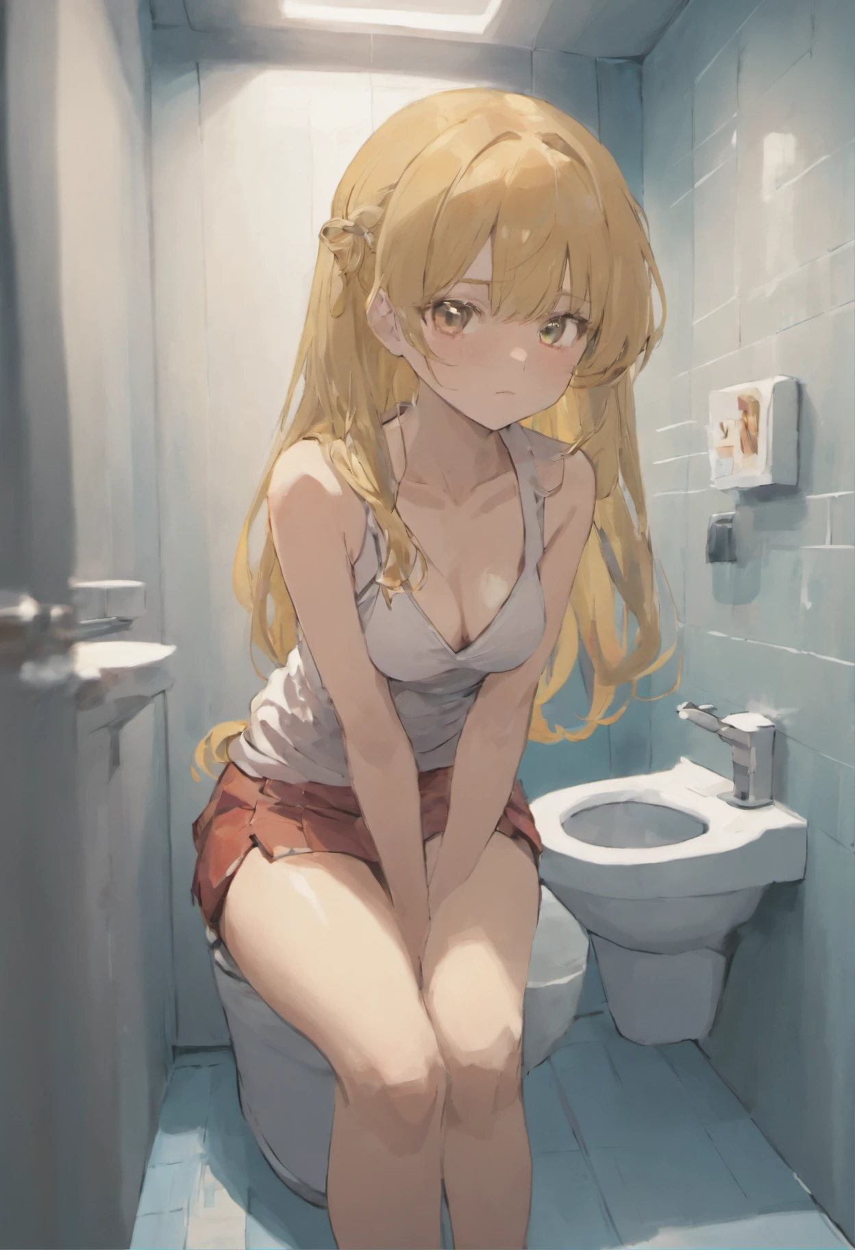 Long hair miniskirt girl，siting on a toilet，White hands covering his stomach，Keep your legs closed，Panties hang from the calf，Diarrhea in girls，Facial pain frowns，Pull loose feces