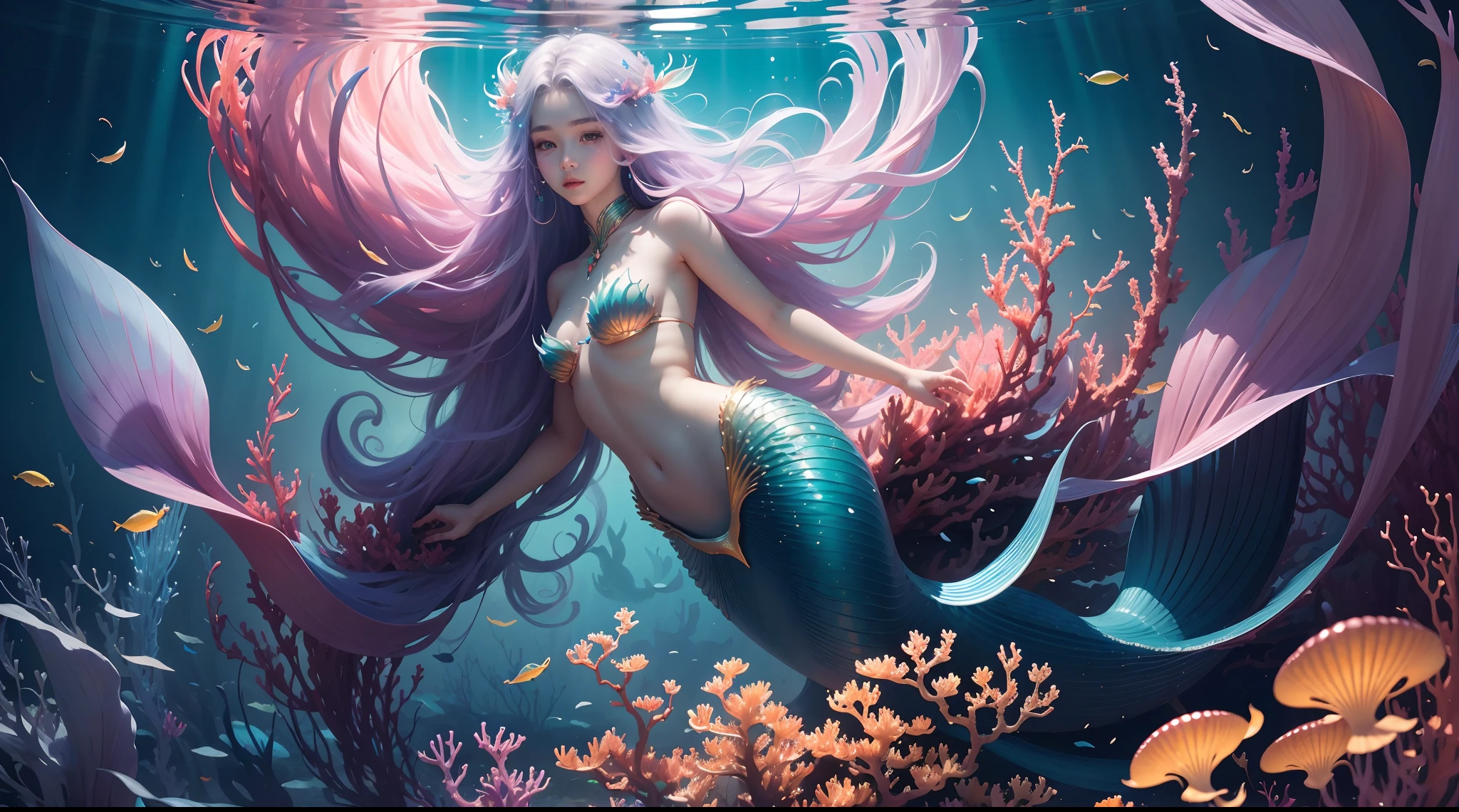 Vast seabed,(depth of fields),A mermaid,long and flowing hair,Ethereal beauty,peacful,tropical fishes,Floating jellyfish,Colorful coral reefs,Diverse marine life。Vibrant colors,dreamlike lighting.Best quality,A high resolution,Masterpiece:1.2.