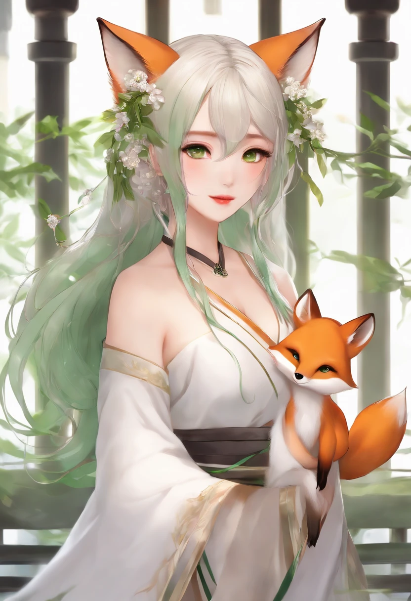 girl, Animal ears, Kumquat hair, Breasts, dress, Fox ears, Fox tail, Large breasts,  no headwear，long whitr hair，Green eyes，Hanfu，