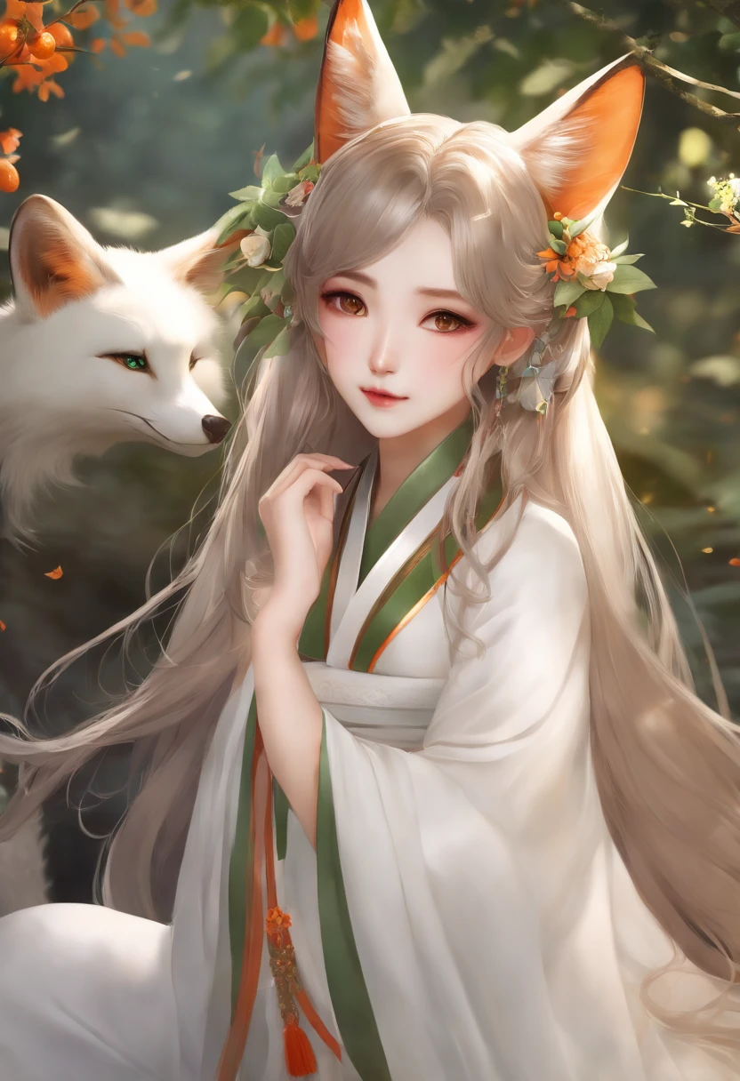 girl, Animal ears, Kumquat hair, Breasts, dress, Fox ears, Fox tail, Large breasts,  no headwear，long whitr hair，Green eyes，Hanfu，