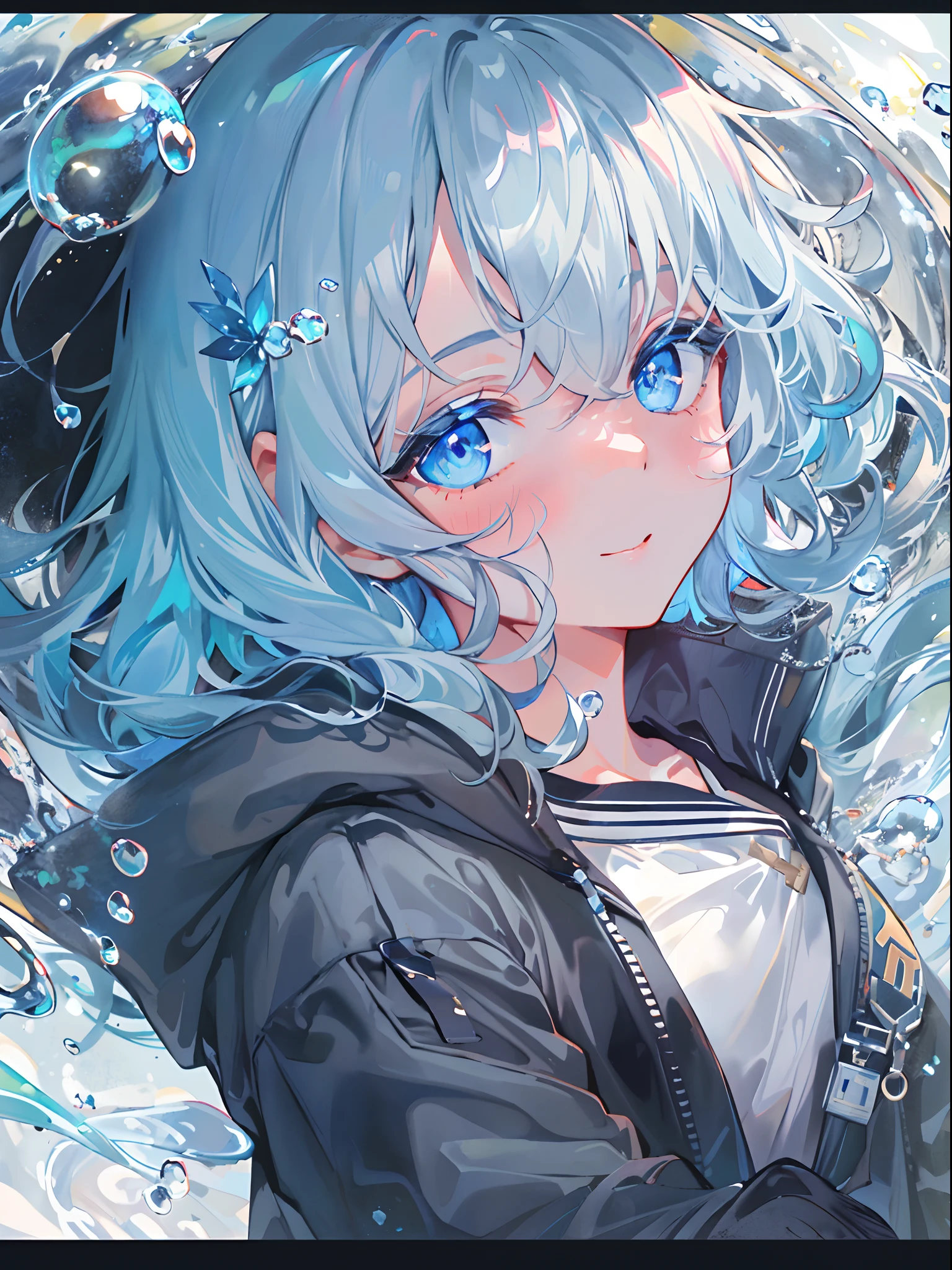 ((top-quality)), ((masterpiece)), ((ultra-detailliert)), (Extremely delicate and beautiful), girl with, 独奏, cold attitude,((Black jacket)),She is very(relax)with the(Settled down)Looks,A dark-haired, depth of fields,Evil smile,Bubble, under the water, Air bubble,bright light blue eyes,inner color with bright gray hair and light blue tips,,Cold background,Bob Hair - Linear Art, shortpants、knee high socks、White uniform like school uniform、Light blue ribbon ties、Clothes are sheer、Hands in pockets、Bright eyes like sapphire,Fron Lesse Blue, A small blue light was floating、Upper Eyes、foodie