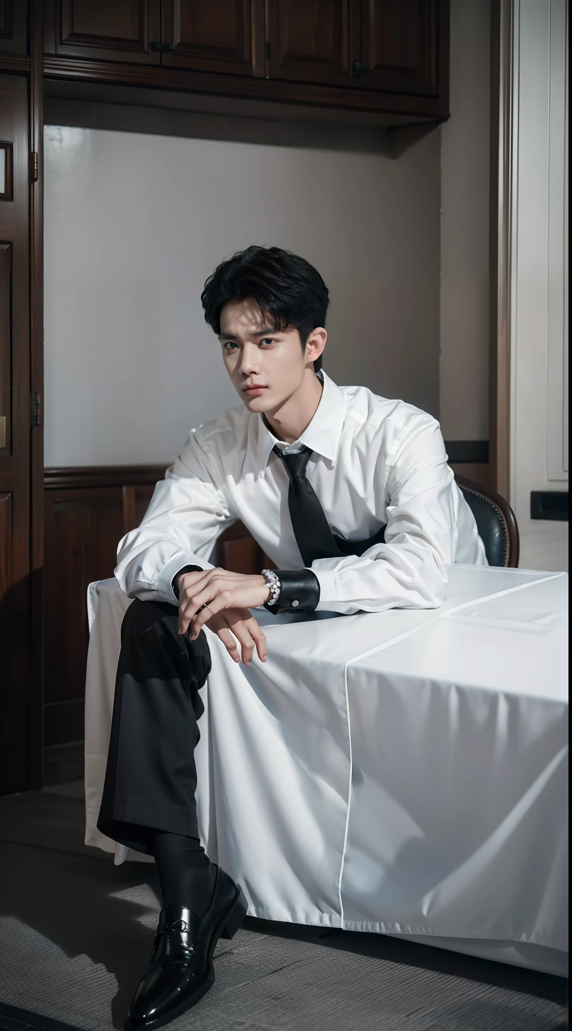 1boys,short detailed hair,white long sleeve shirt,black necktie,Wear formal attire,Lower black suit pants,Wear handmade Italian custom leather shoes,A state of relaxation and laziness,Overbearing president,best qualtiy,(Realiy,Foto realism:1.4),tmasterpiece, Extremely Delicately Beautiful,extremely higly detailed,2k wallpaper,astounding,finedetail,extremely detaild的 CG unified 8k wallpapers,Super meticulous,A high resolution,Tough guy,Handsome looks,Wu Yanzu's handsome appearance,extremely detailed eyes ancface,Beautiful detailed nose,Handsome and delicate eyes ,in a office,A black table,Clear light