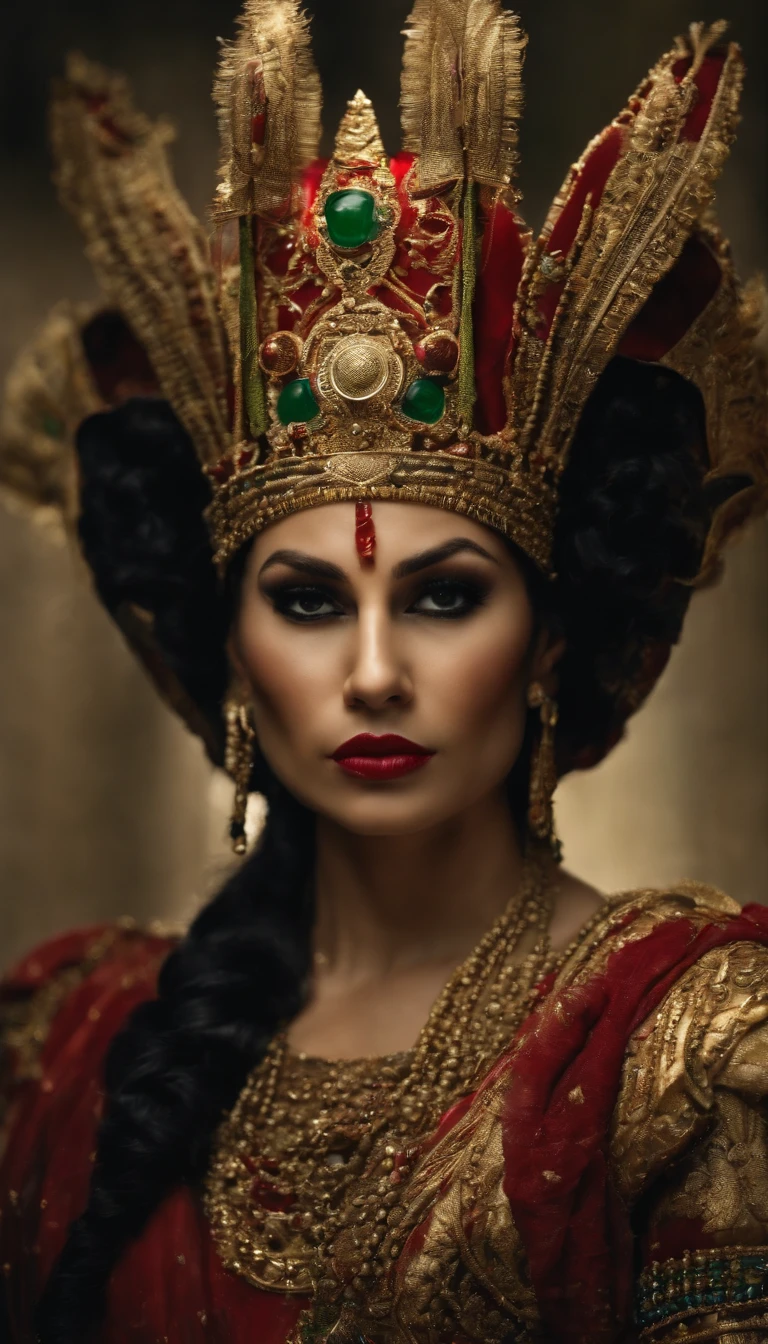 Generar una imagen que represente a Cleopatra pelo lacio ojos verdes vestida de blanco con mucho oro, next to Julius Caesar in his realistic armor dressed in red and gold, in an image depicting the relationship and political alliance between them.