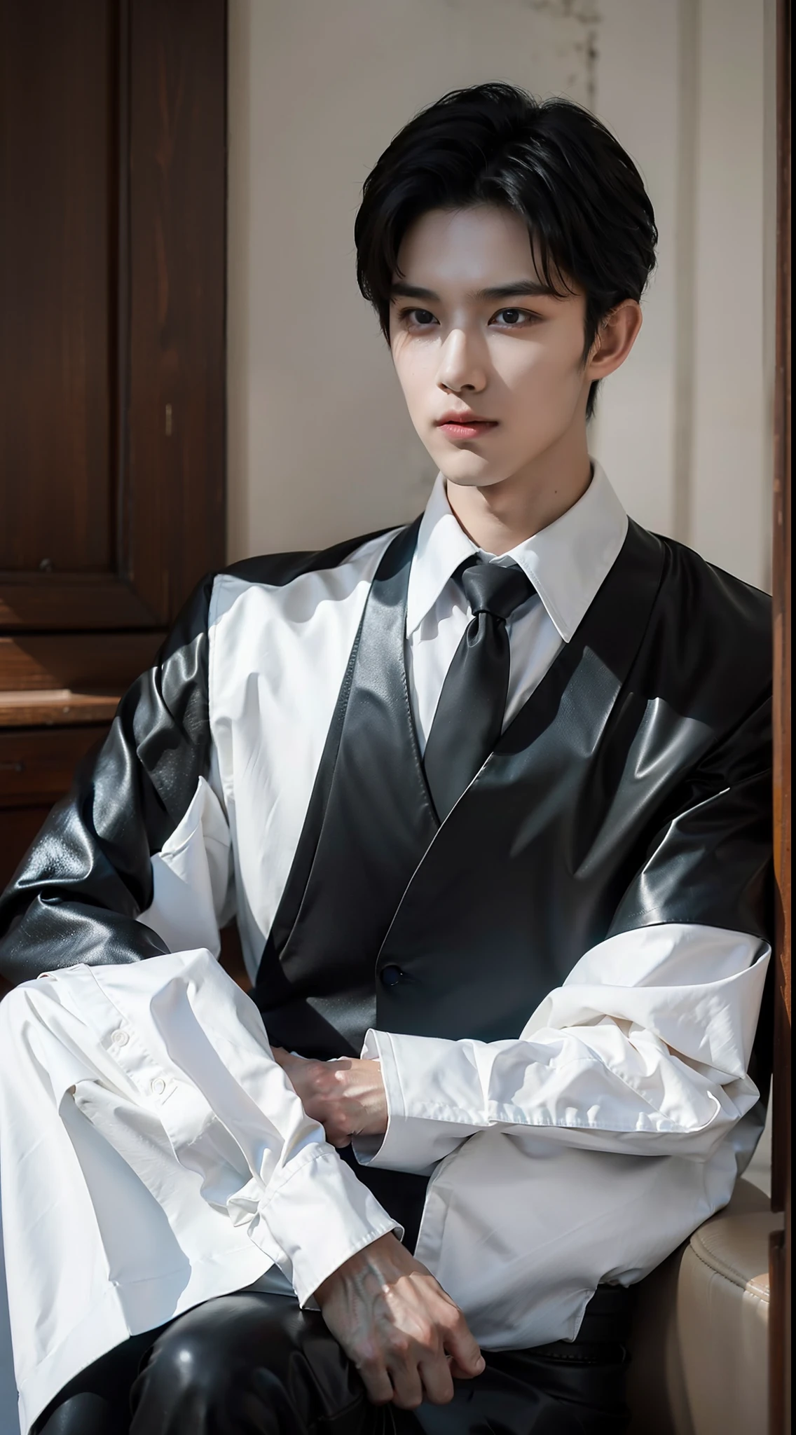 1boys,short detailed hair,white long sleeve shirt,black necktie,Wear formal attire,Lower black suit pants,Wear handmade Italian custom leather shoes,A state of relaxation and laziness,Overbearing president,best qualtiy,(Realiy,Foto realism:1.4),tmasterpiece, Extremely Delicately Beautiful,extremely higly detailed,2k wallpaper,astounding,finedetail,extremely detaild的 CG unified 8k wallpapers,Super meticulous,A high resolution,Tough guy,Handsome looks,Wu Yanzu's handsome appearance,extremely detailed eyes ancface,Beautiful detailed nose,Handsome and delicate eyes ,in a office,A black table,Clear light