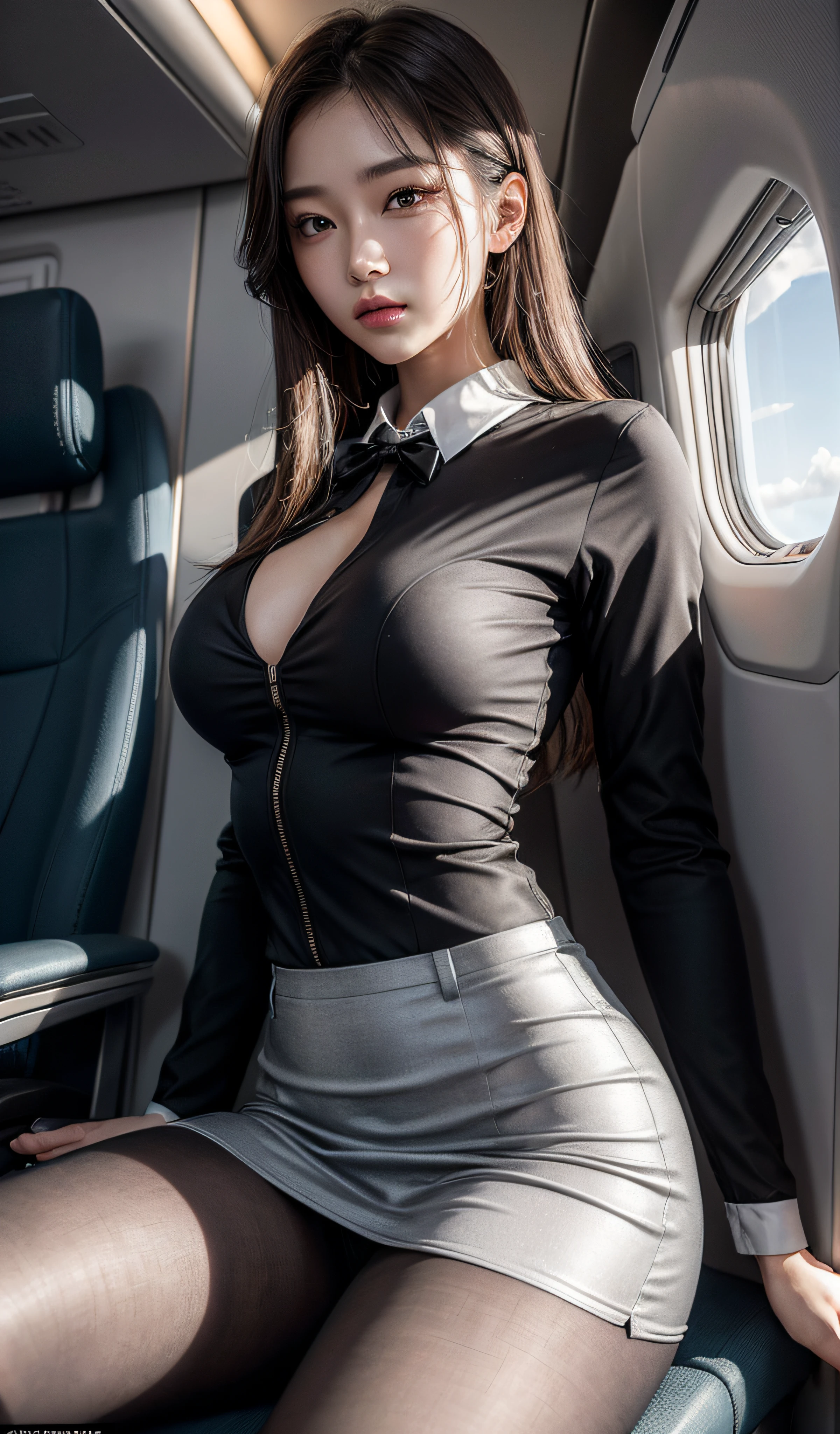 8K, Masterpiece, RAW photo, Best quality, Photorealistic, Extremely detailed CG unifies 8K, 8K, Diamond, and wallpaper, Depth of field, Cinematic light, Lens flare, Ray tracing, (Extremely beautiful face, Beautiful lips, Beautiful eyes), intricate detail face, ((ultra detailed skin)) 1girll, In the dark, deepshadow, Pretty Korean girl, Kpop idol, Photo of a sexy woman sitting in an airplane seat,Wearing a white flight attendant uniform,pleatedskirt,(Very slim and slender muscular body:1.3), (Flesh-colored pantyhose:1.3),White standard flight attendant uniform, ((huge tit:1.0)),Wide buttock,being thin,Redlip,黑The eye,(unholy:0.9),Cross ed leg,(textured fabrics:0.9),looking at viewert, (Pale skin), (Big eyes),(ssmile:0.8),flirting to the camera,(metallic fabric:0.5),extremly intricate,(realisticlying,primitive:1.5), Sideslit, (bblurry:0.9), detail in face, poor quality photo, hight contrast, inside airplane, Slender, bow-shaped, (birthmark:0.4)