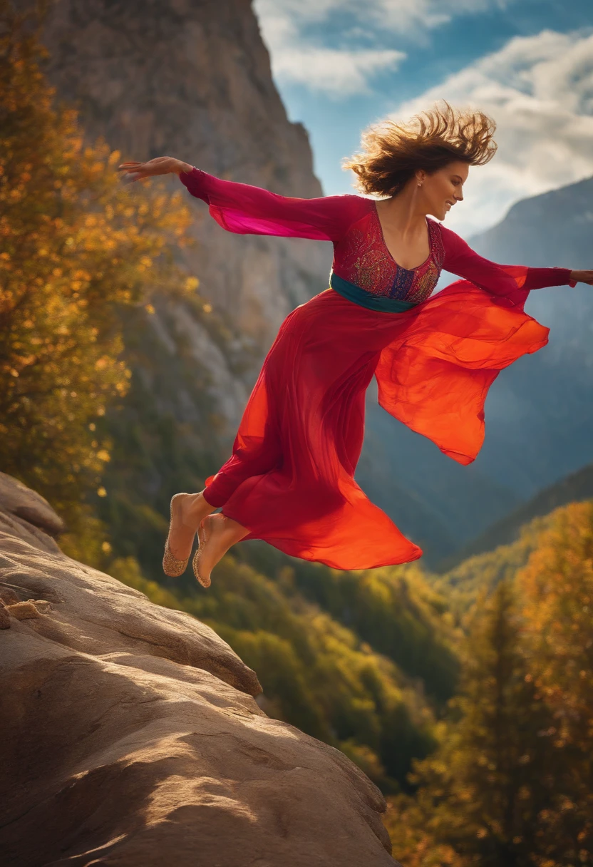 a woman leaping off a mountain